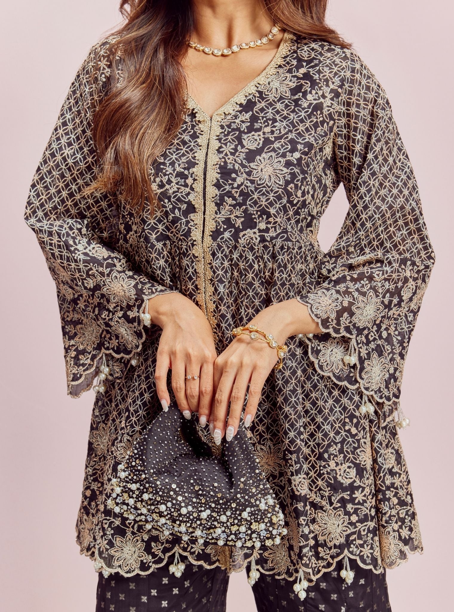 Mulmul Banarsi Ghunghroo Black Top With Mulmul Banarsi Ghunghroo Black Sharara