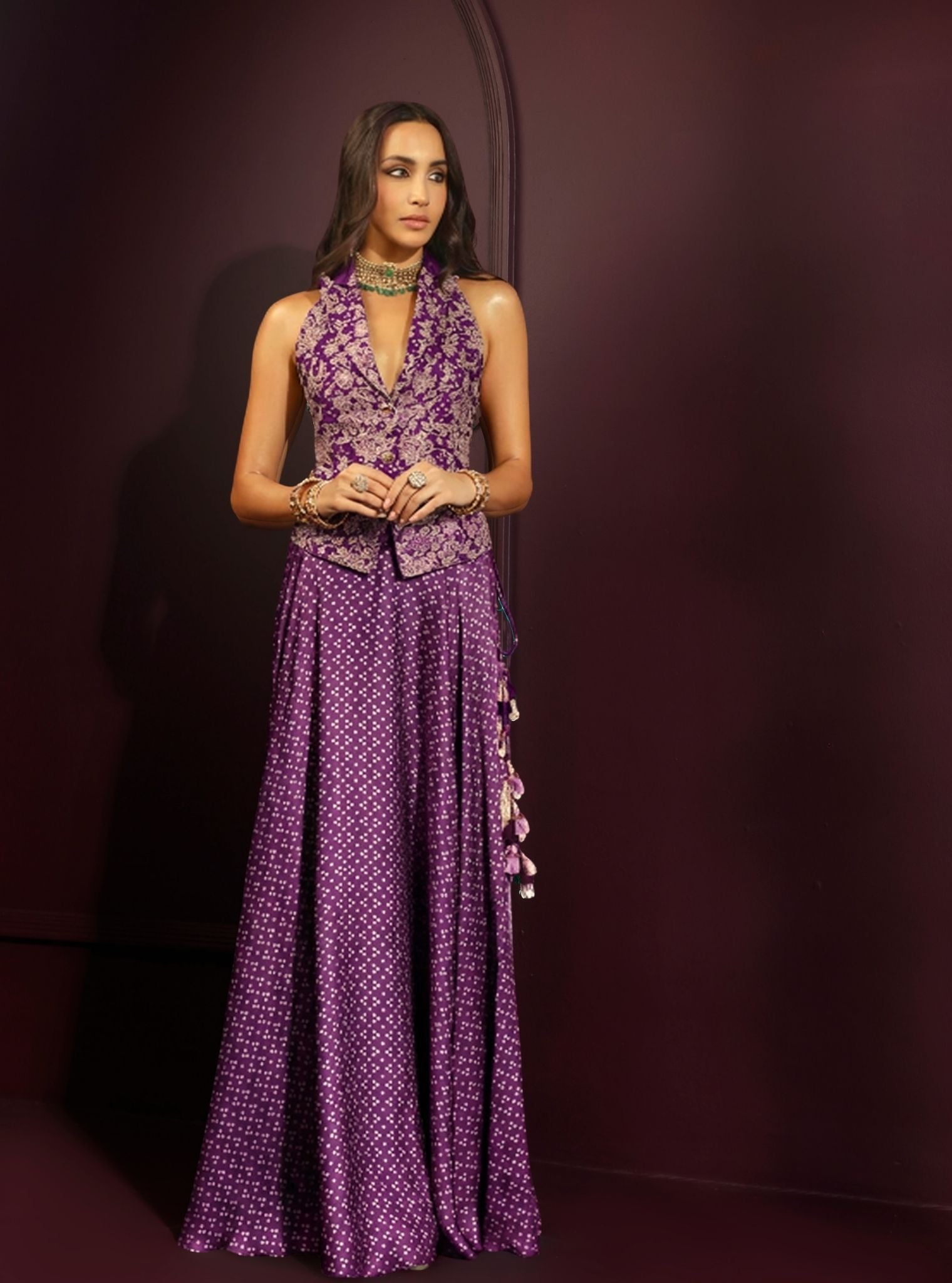 Kuhu Cupro Satin Printed Purple Waistcoat with Wide Pleated Skirt