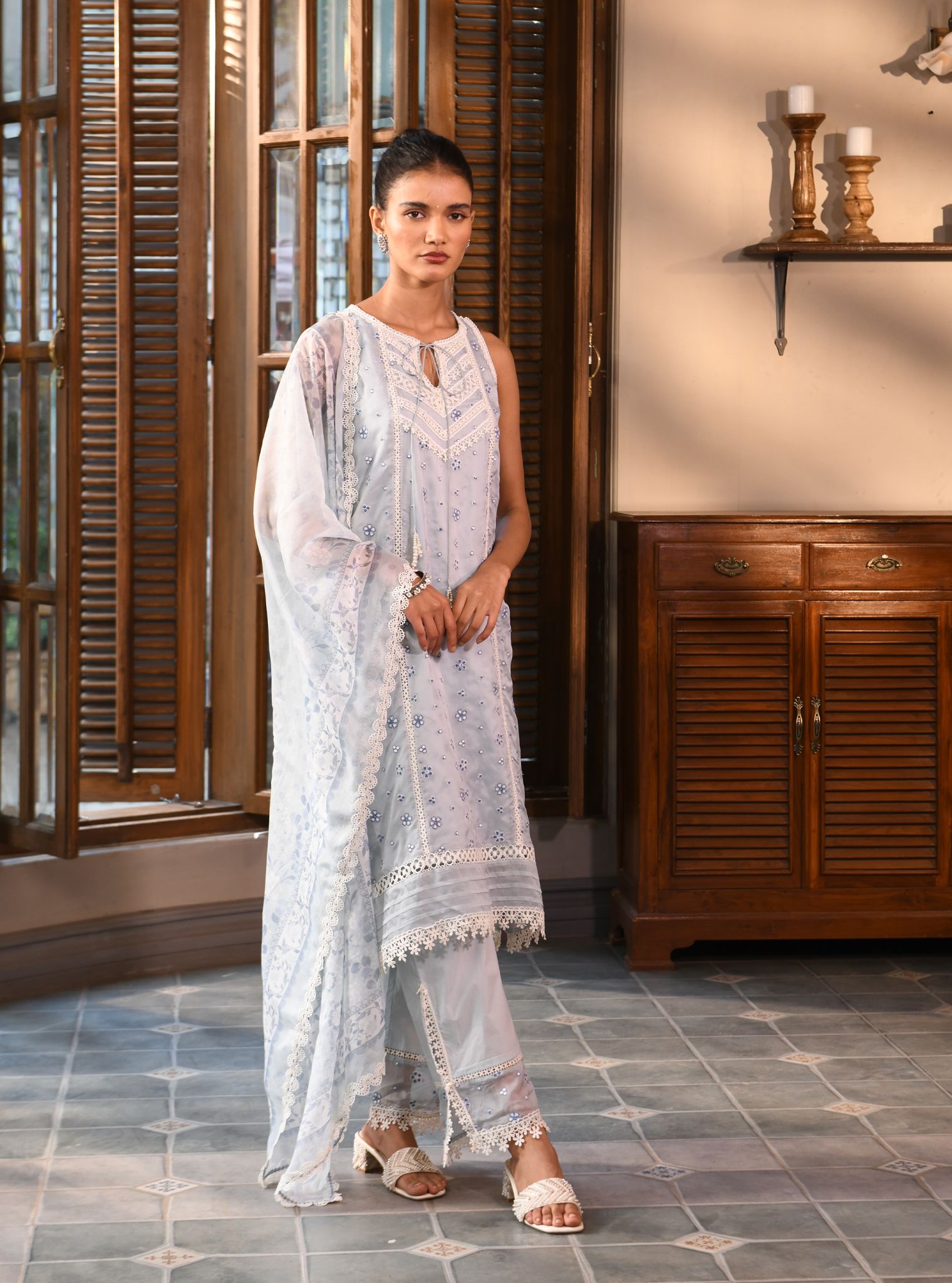 Mulmul Organza Simin Light Blue Kurta With Mulmul Cotton Simin Light Blue pant