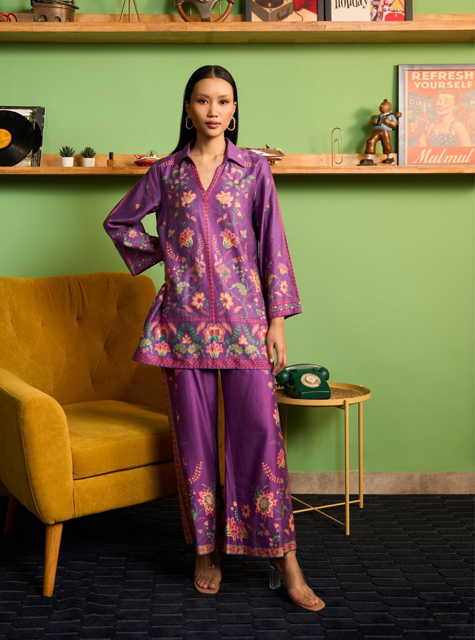Zuni Pima Satin Purple Printed Top Set