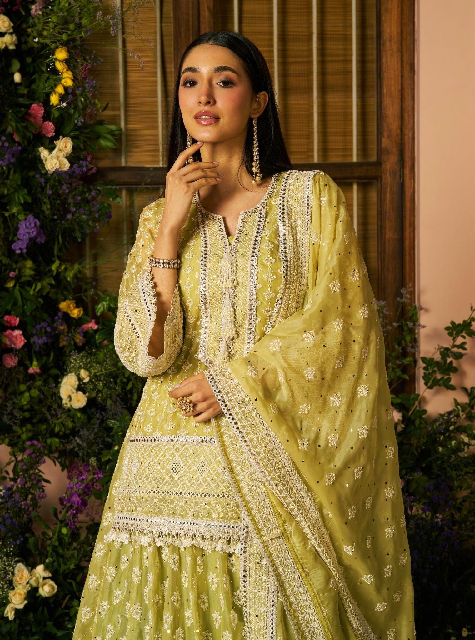 Kilol Organza Lime Kurta & Lehenga Set