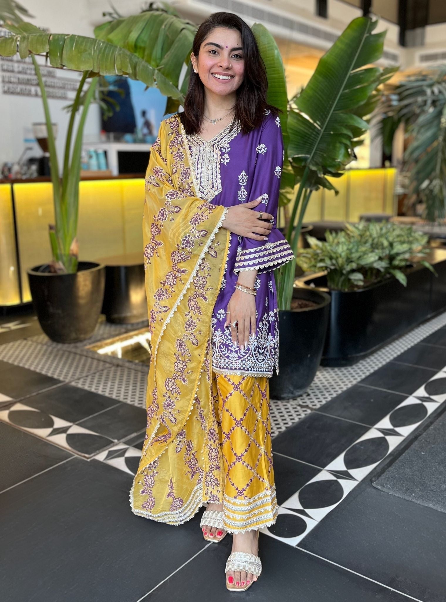 Mulmul Pima Satin Avathi Purple Kurta With Mulmul Pima Satin Khwab Yellow Pant