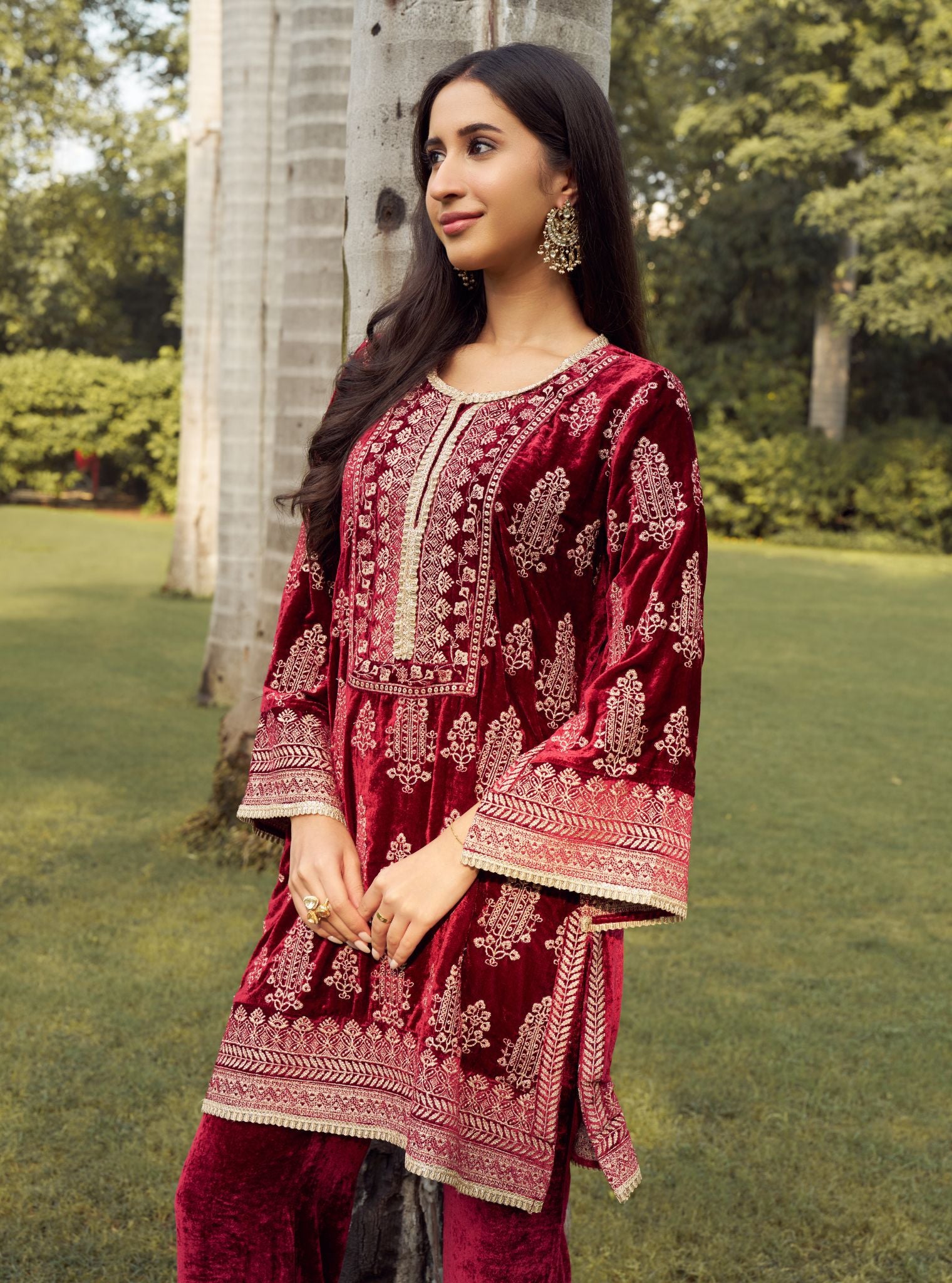 Sargam Velvet Wine Kurta Set