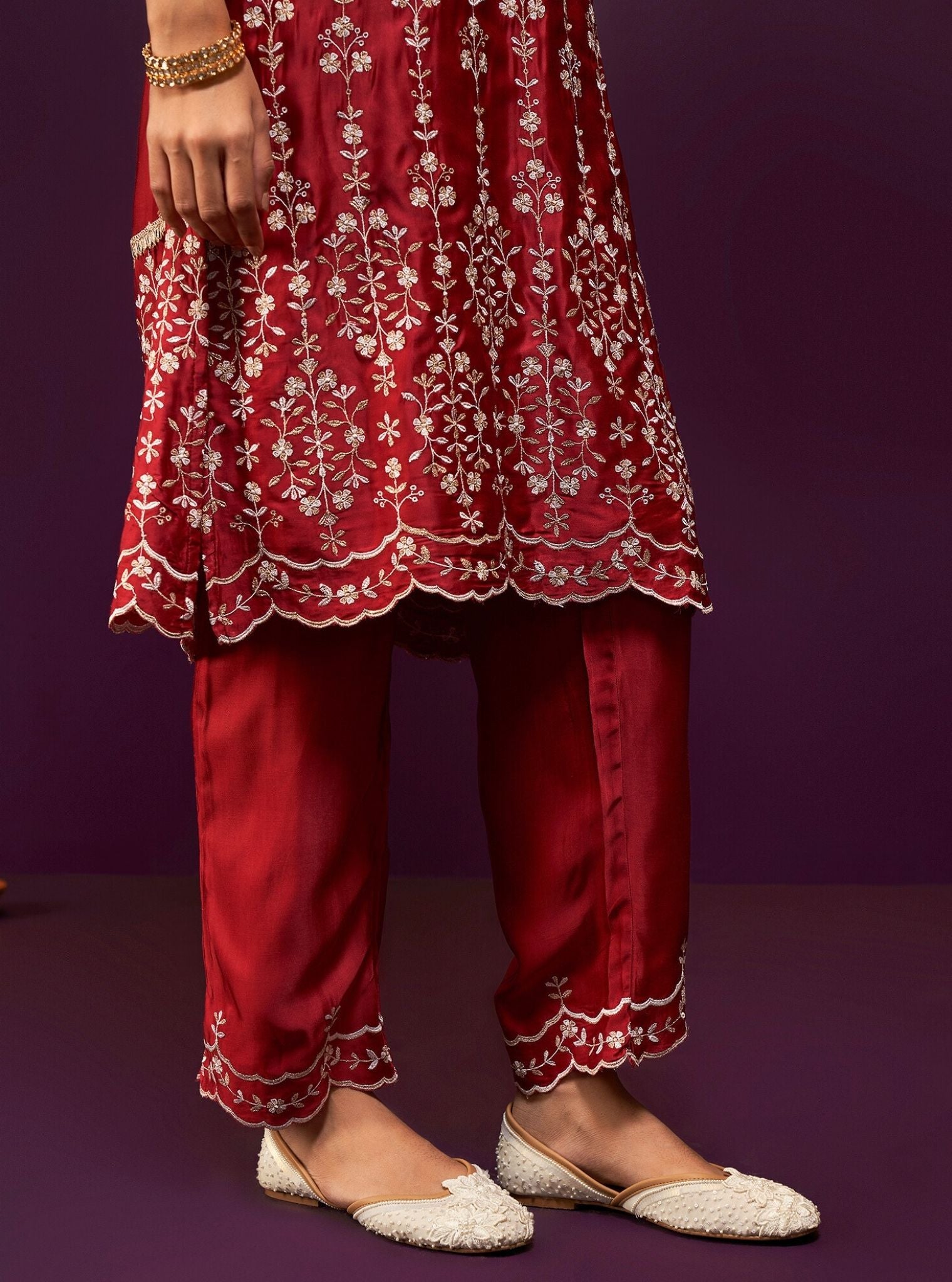 Mulmul Cupro Satin Tasanee Red Kurta With Mulmul Cupro Satin Tasanee Red Pant