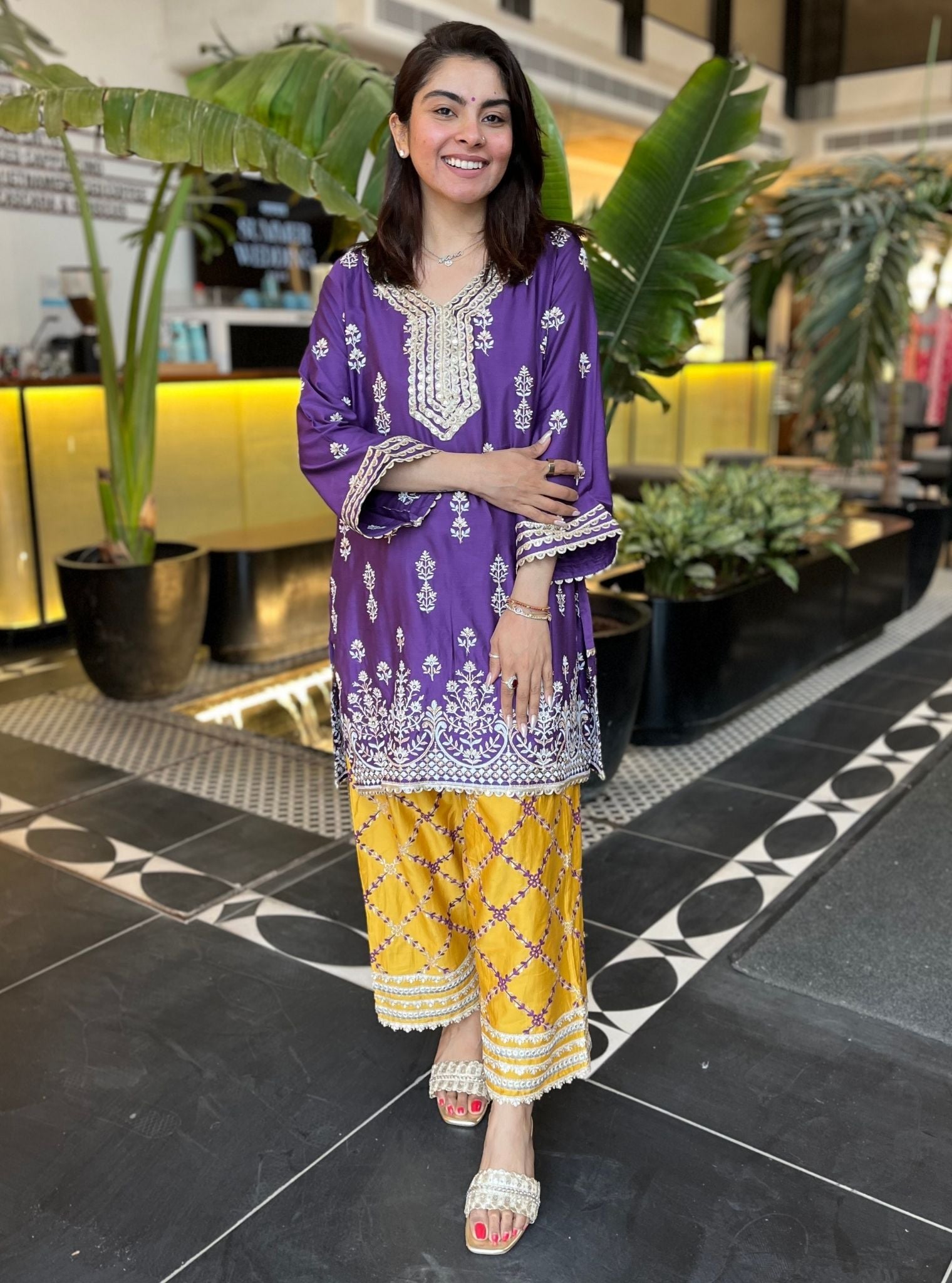 Mulmul Pima Satin Avathi Purple Kurta With Mulmul Pima Satin Khwab Yellow Pant