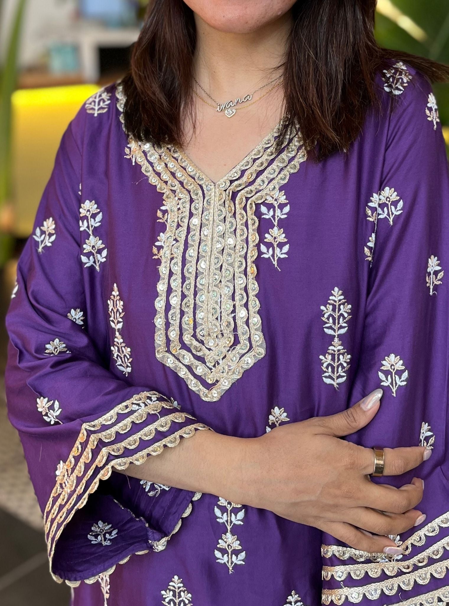 Mulmul Pima Satin Avathi Purple Kurta With Mulmul Pima Satin Khwab Yellow Pant