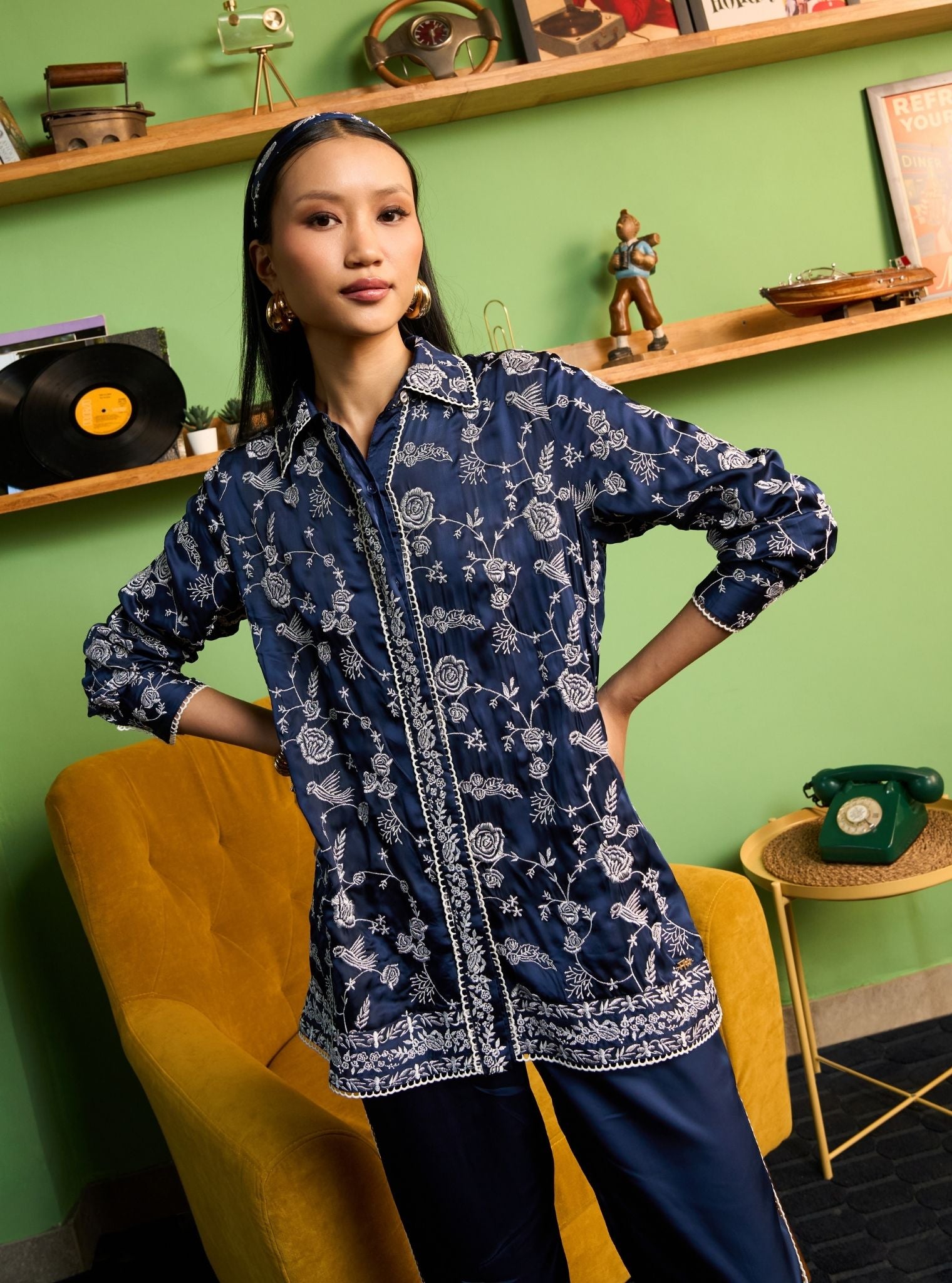 Zuvina Cupro Satin Navy Shirt Set