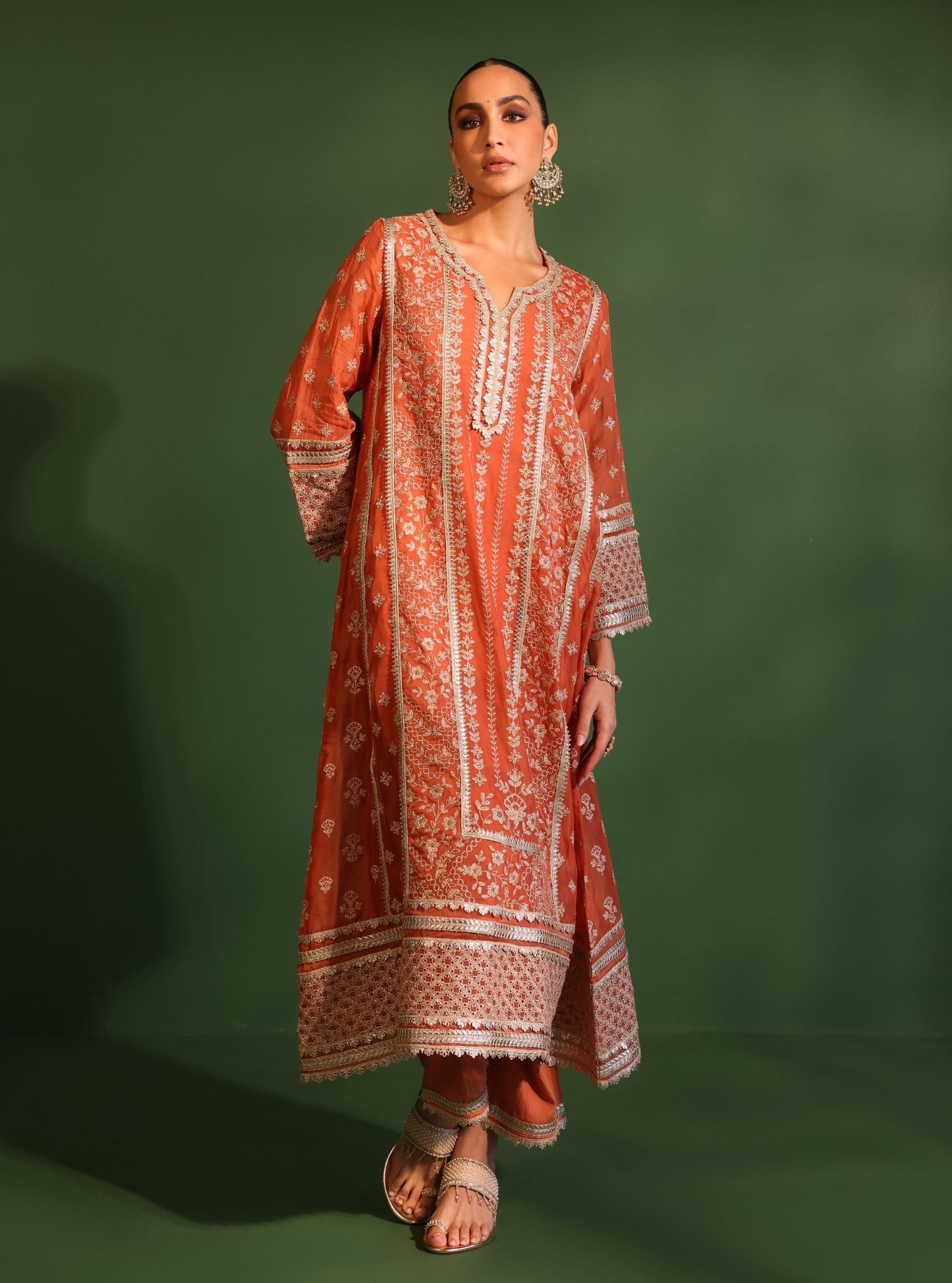 Mulmul Organza Katha Orange Anarkali Kurta With Mulmul Pima Satin Katha Orange Pant