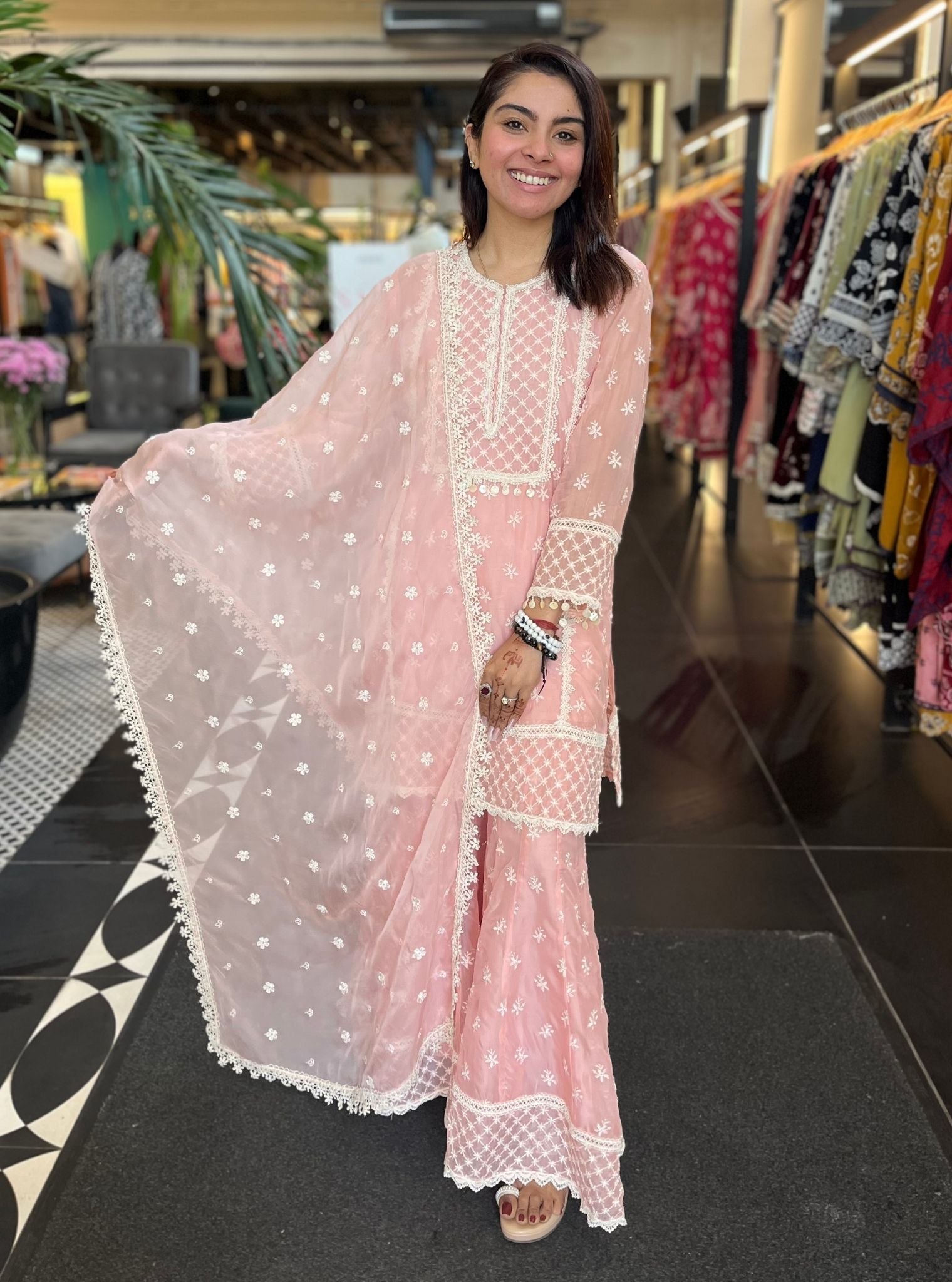 Mulmul Organza Raaga Pink Kurta With Mulmul Organza Raaga Pink Pant