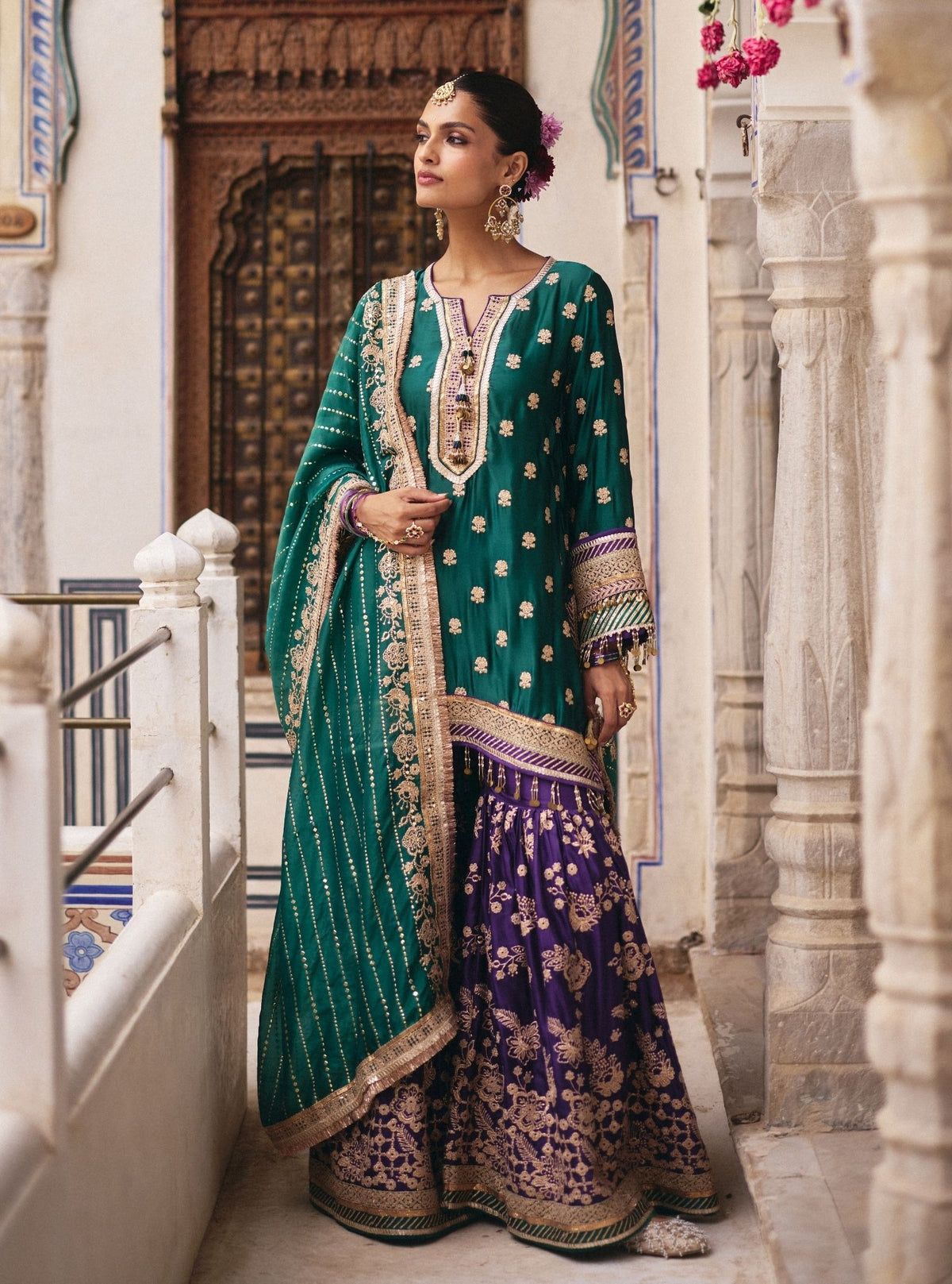 Surkhi Cupro Satin Emerald Green Kurta with Garara