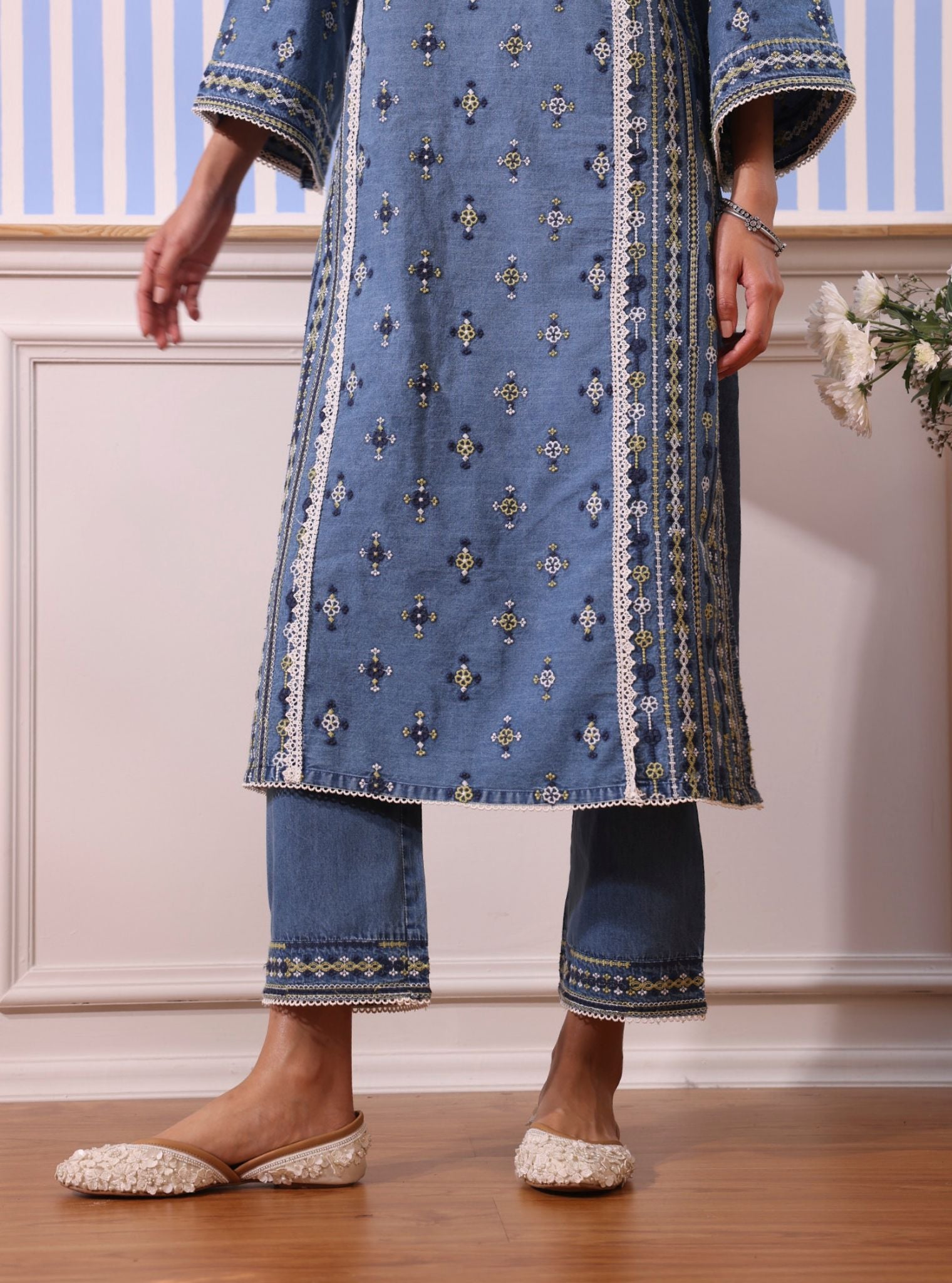 Mulmul Odette Denim Kurta With Mulmul Odette Denim Pant