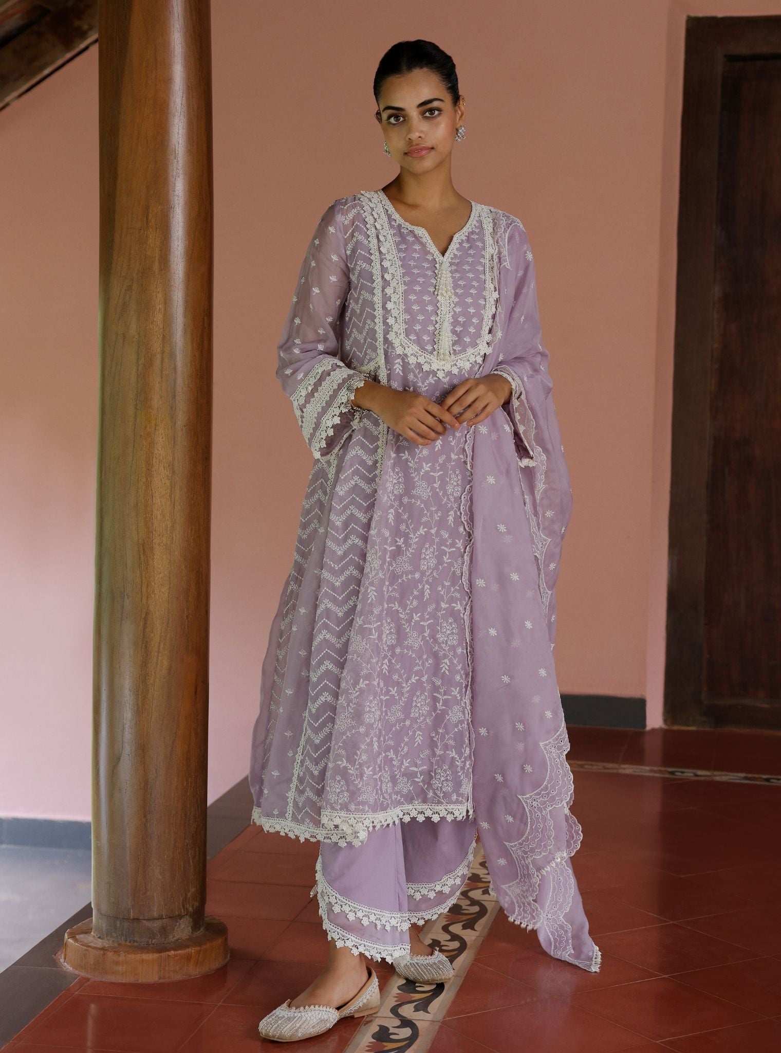 Mulmul Organza Keerth Lavender Anarkali Kurta With Mulmul Cotton Keerth Lavender Pant