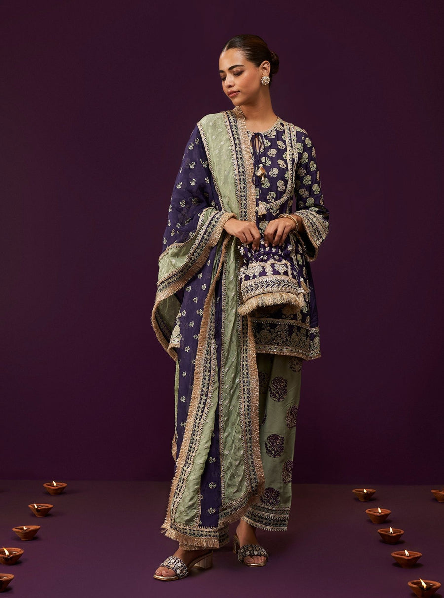 Mulmul Pima Satin Neo Denim Kurta With Mulmul Supima Cotton Neo White Pyajama