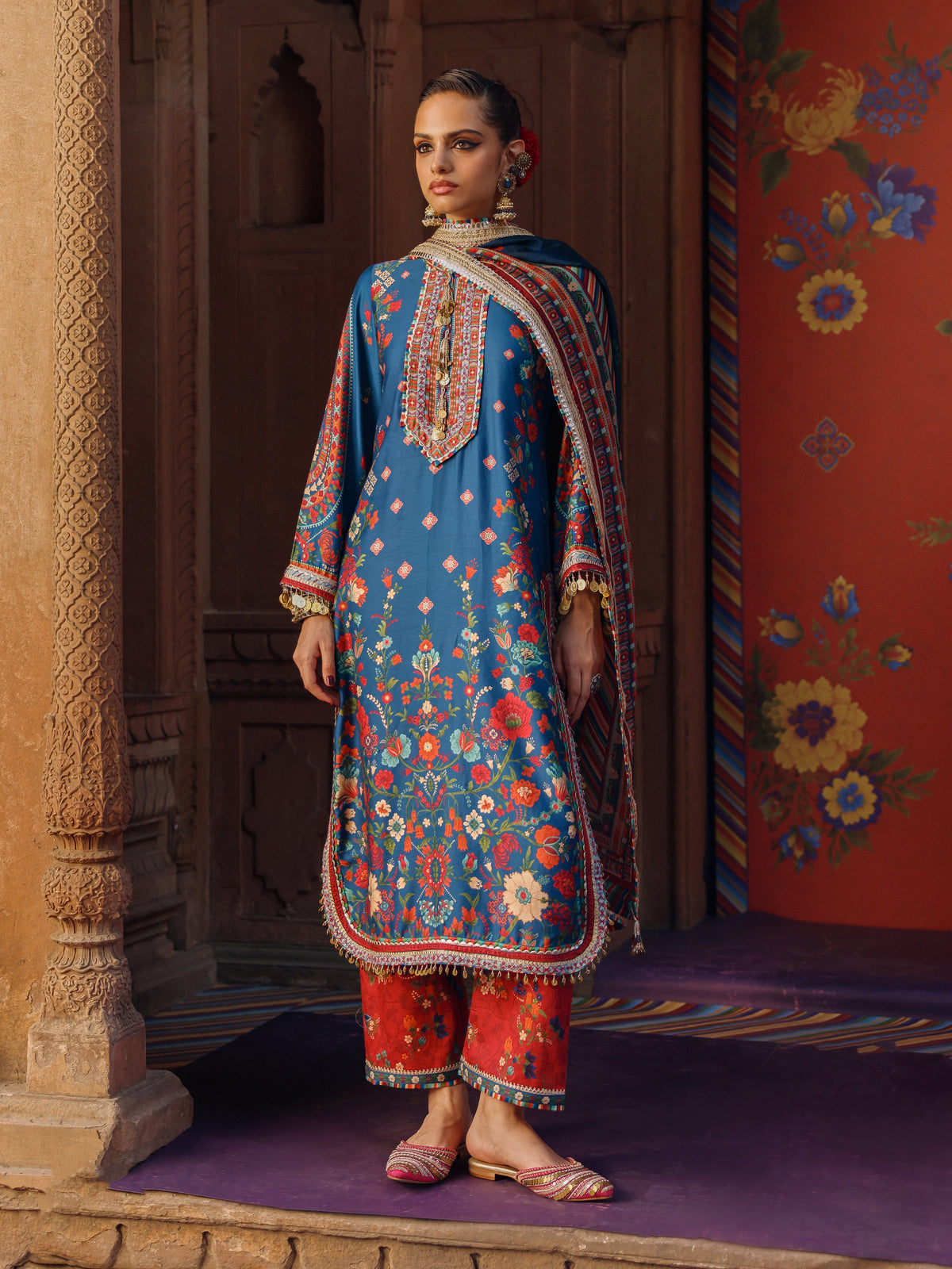 Sangi Pima Satin Printed Navy Long Kurta Set