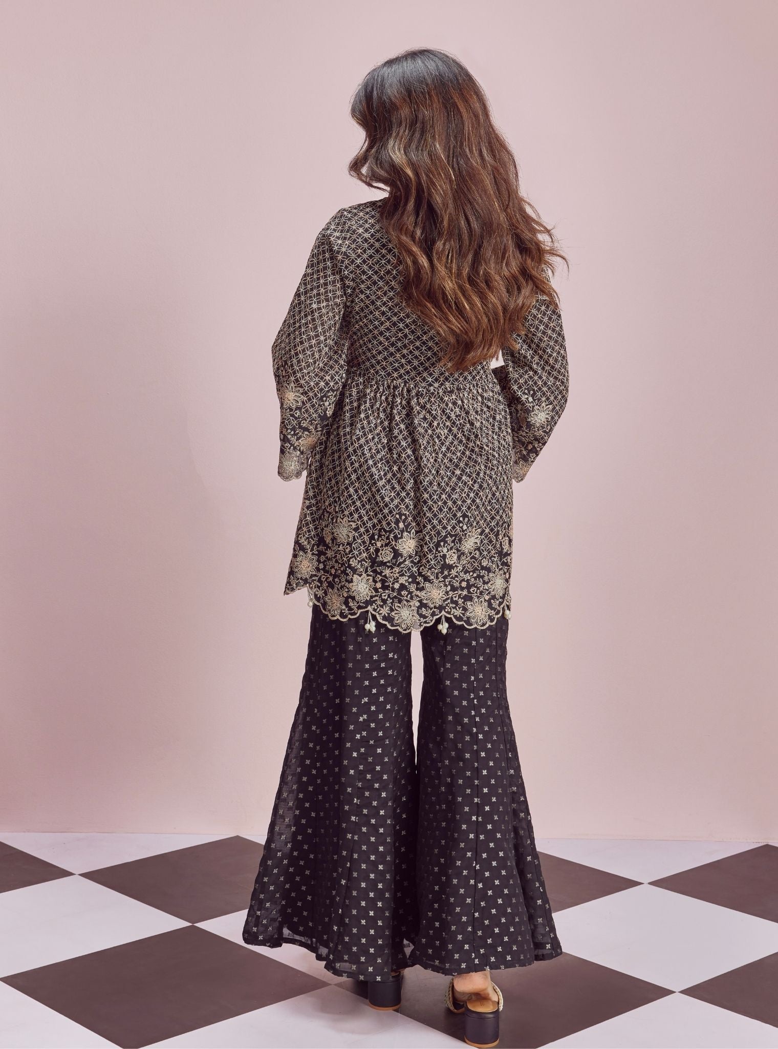 Mulmul Banarsi Ghunghroo Black Top With Mulmul Banarsi Ghunghroo Black Sharara