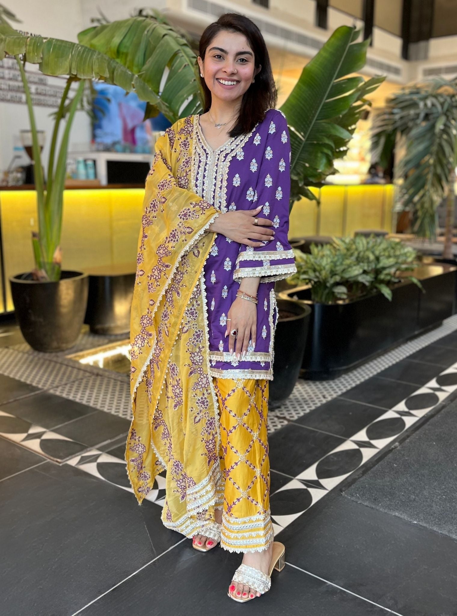 Mulmul Pima Sama Purple Kurta with Mulmul Pima Satin Khwab Yellow Pant