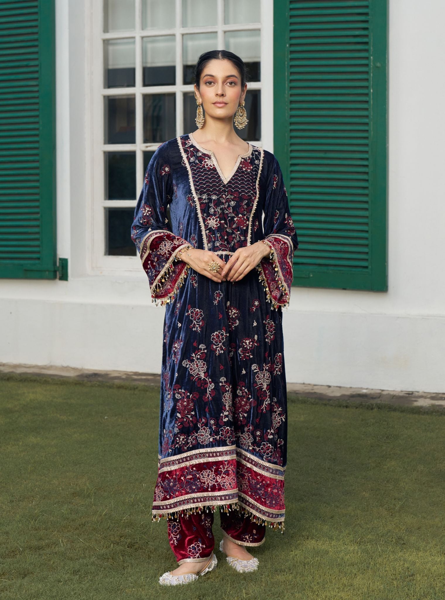 Dhun Velvet Navy Kurta with Wine Pant Set