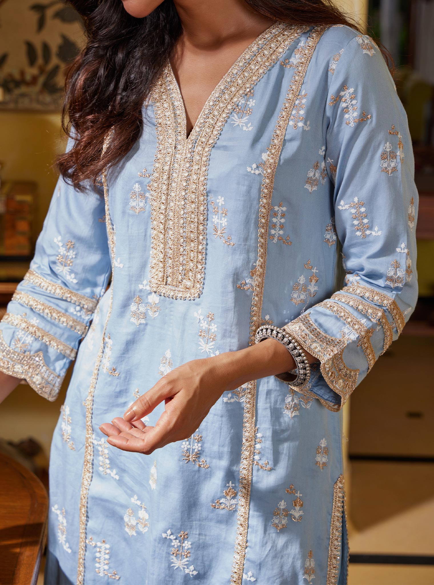 Mulmul Pima Nimisa Blue Kurta With Mulmul Nimisa Blue Pant