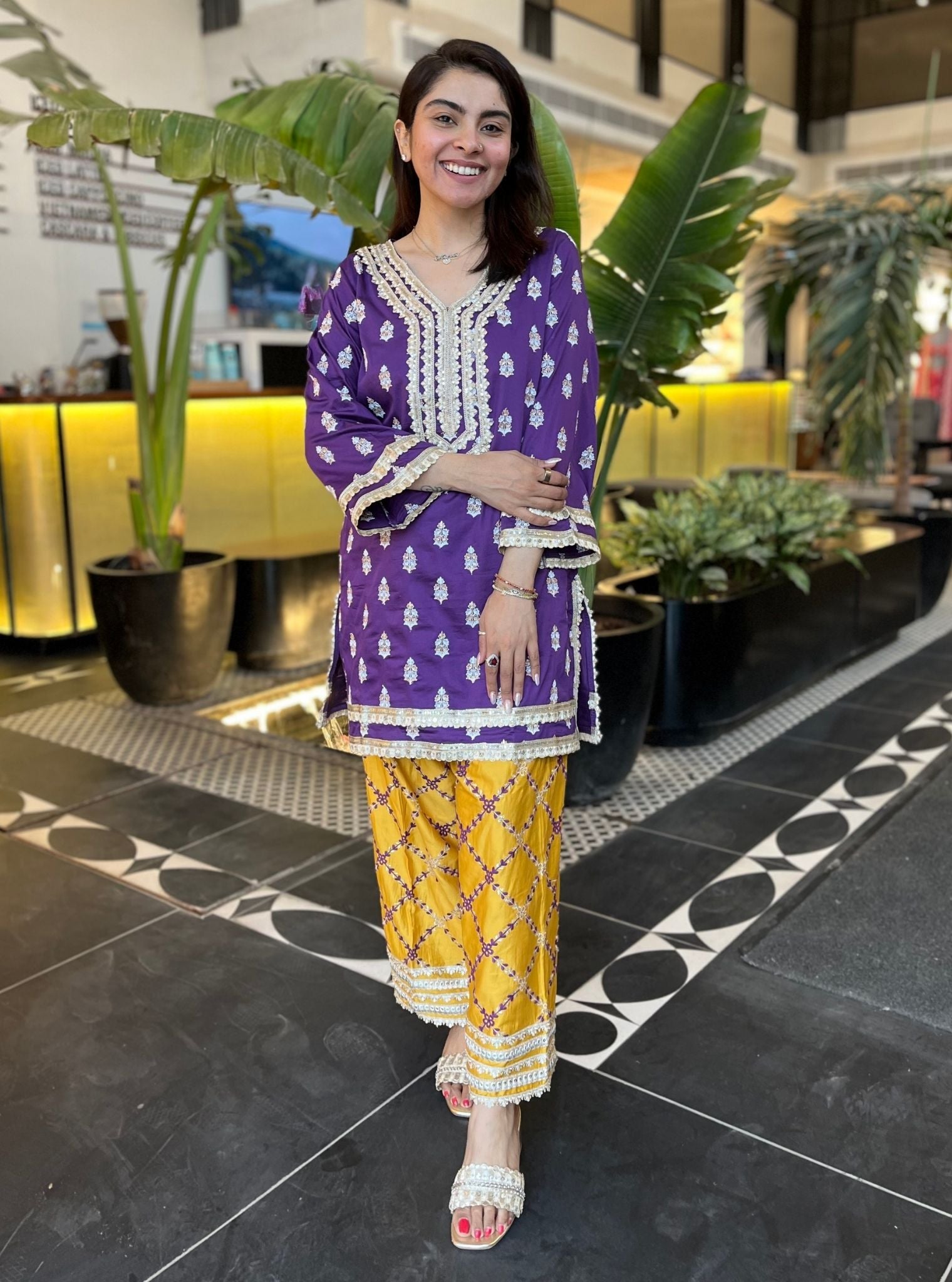 Mulmul Pima Sama Purple Kurta with Mulmul Pima Satin Khwab Yellow Pant