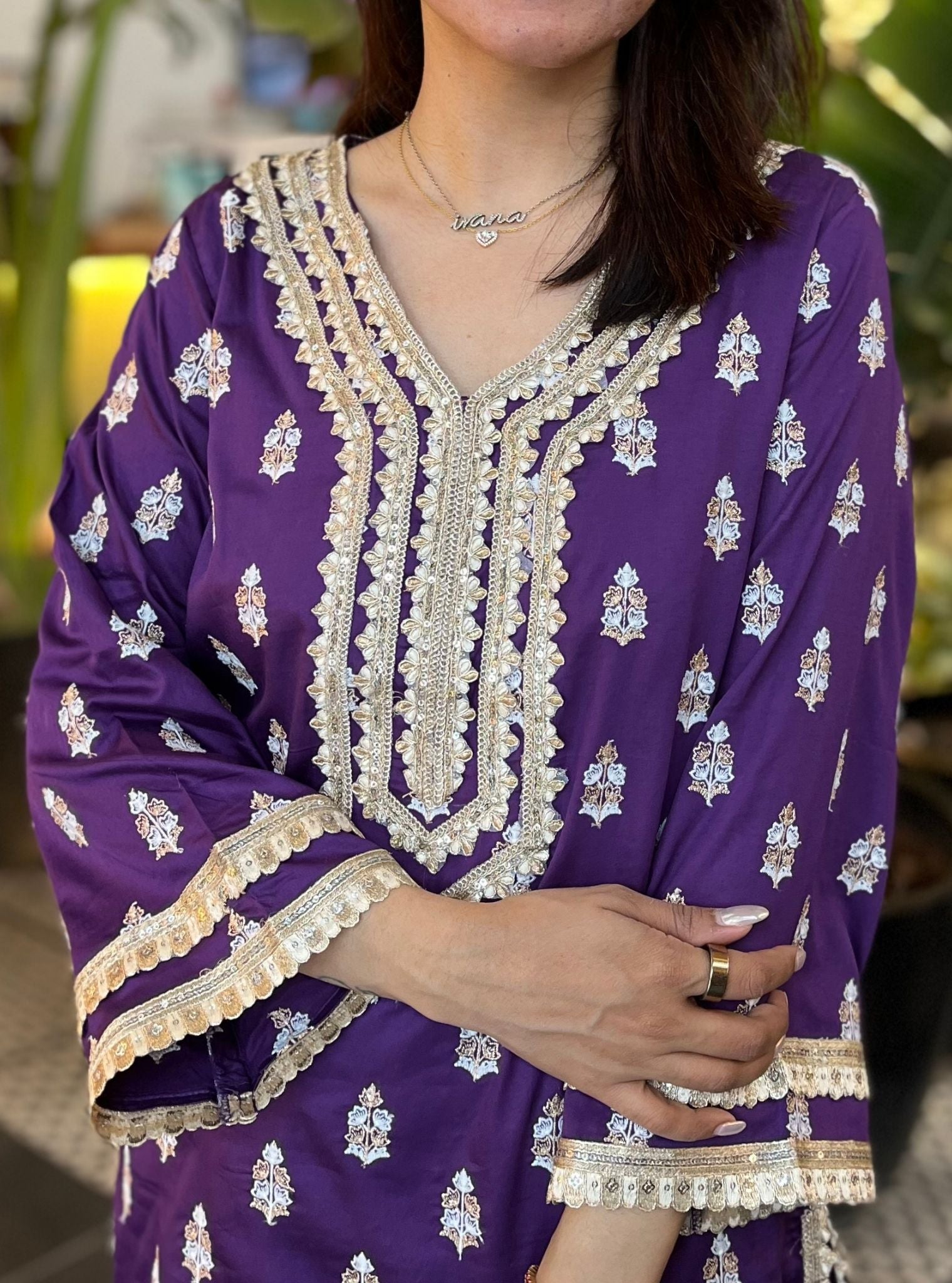 Mulmul Pima Sama Purple Kurta with Mulmul Pima Satin Khwab Yellow Pant