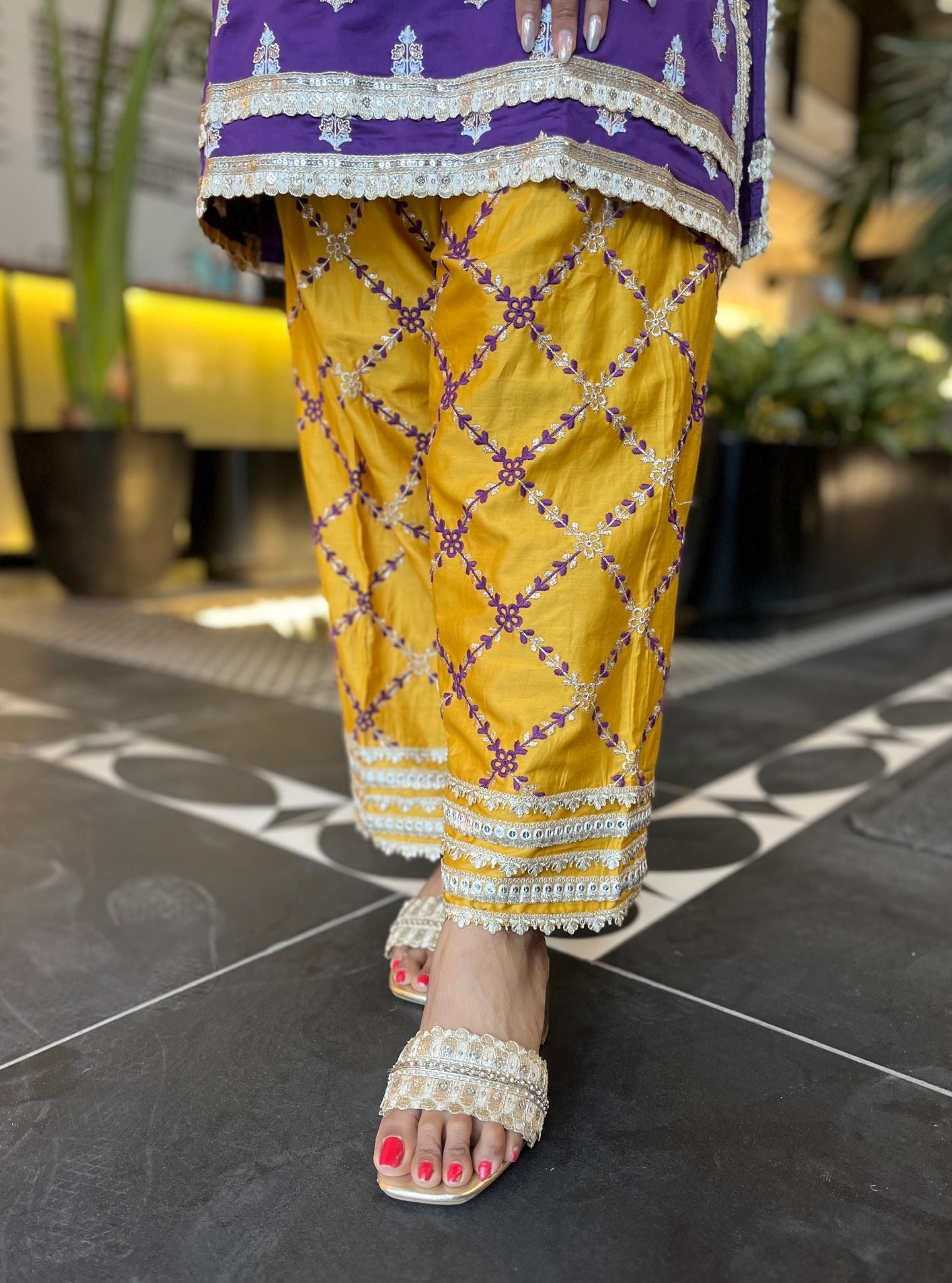 Mulmul Pima Sama Purple Kurta with Mulmul Pima Satin Khwab Yellow Pant