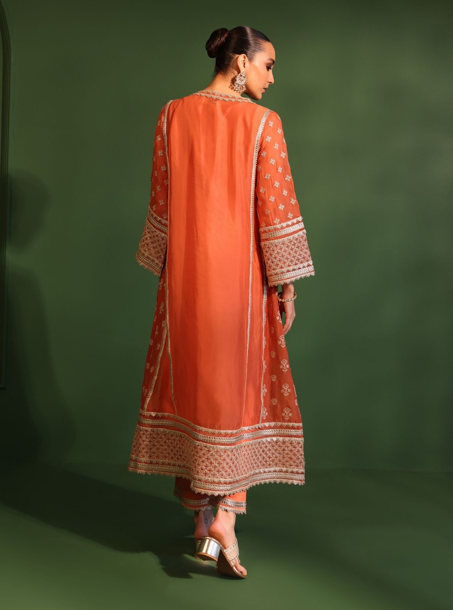 Mulmul Organza Katha Orange Anarkali Kurta With Mulmul Pima Satin Katha Orange Pant