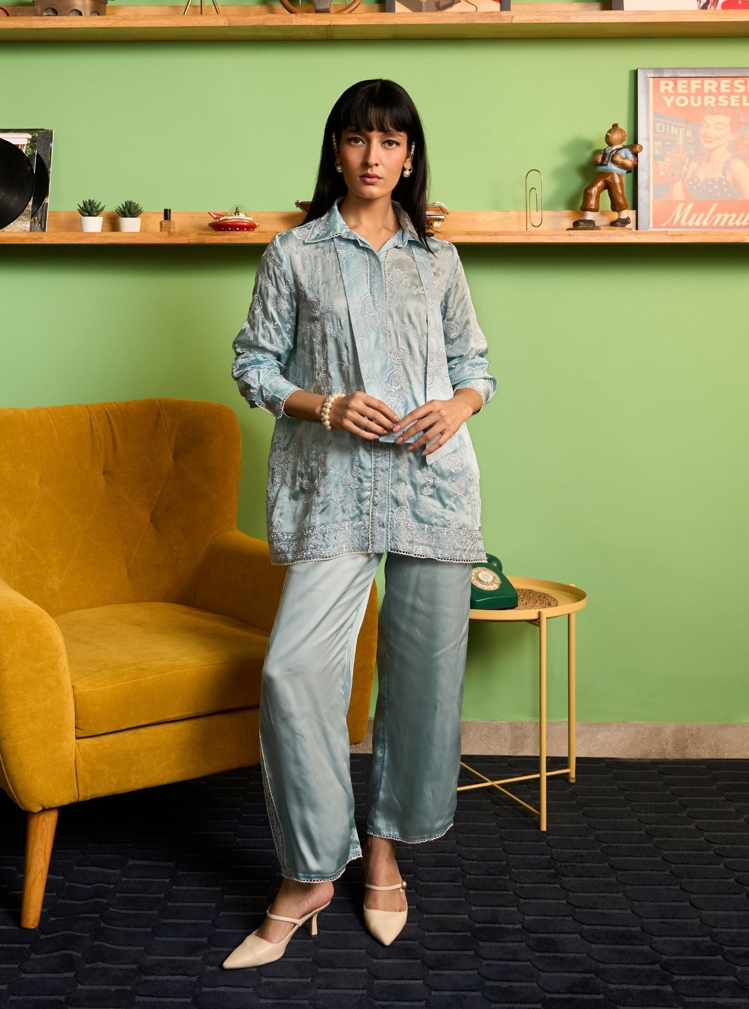 Zuvina Cupro Satin Blue Shirt Set