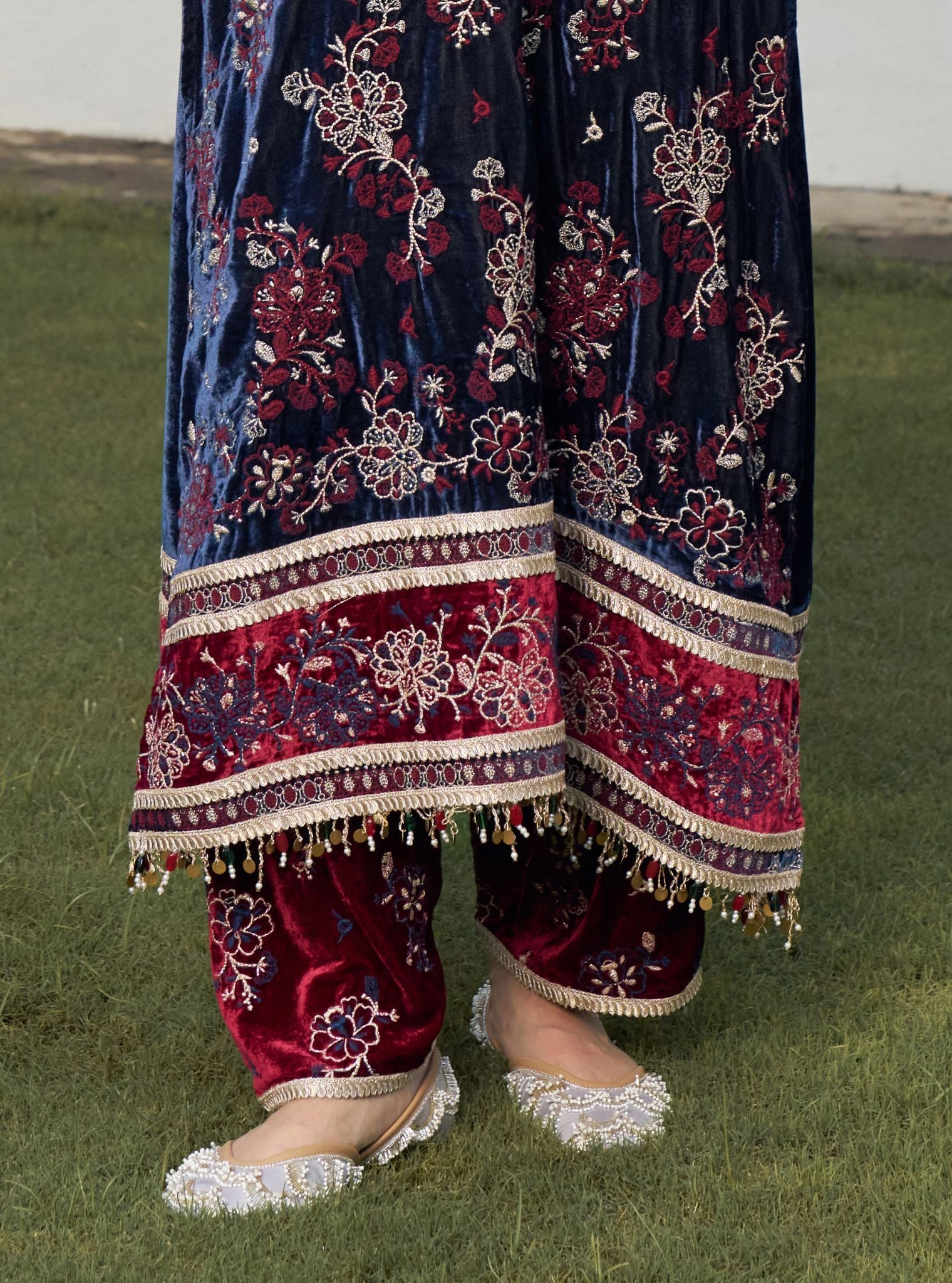 Dhun Velvet Navy Kurta with Wine Pant Set