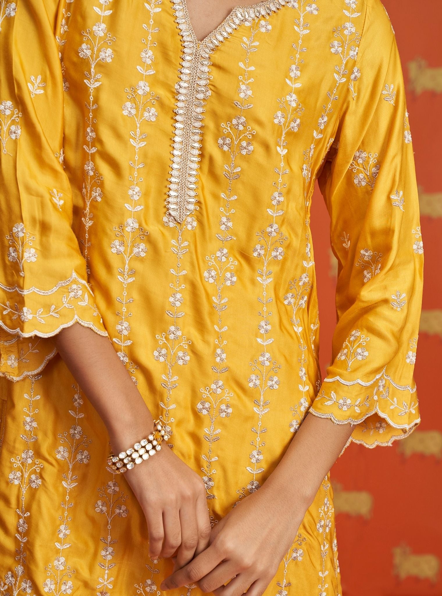 Mulmul Cupro Satin Tasanee Yellow Kurta With Mulmul Cupro Satin Tasanee Yellow Pant