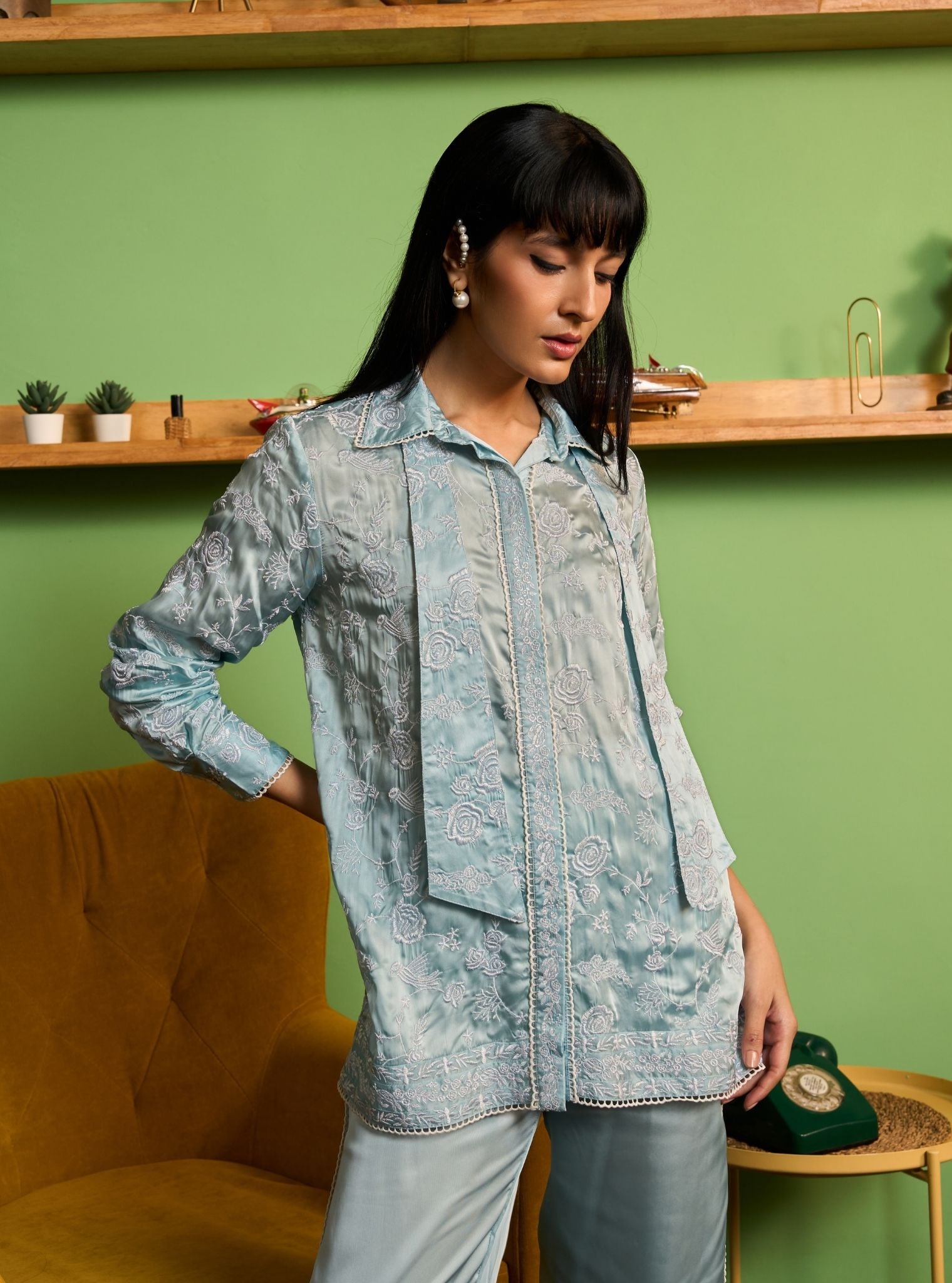 Zuvina Cupro Satin Blue Shirt Set
