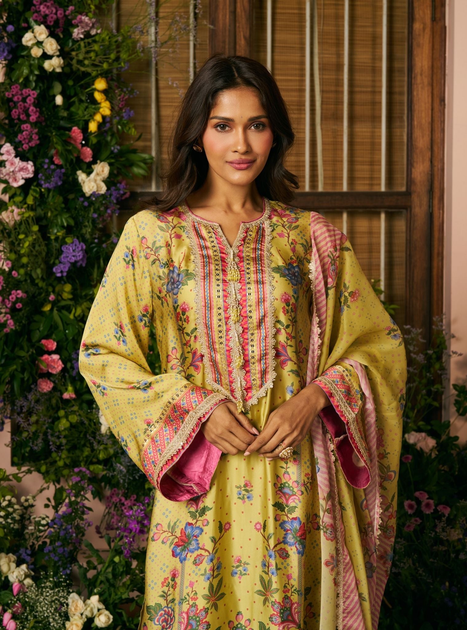 Akshi Cupro Satin Printed Lime Kurta Set