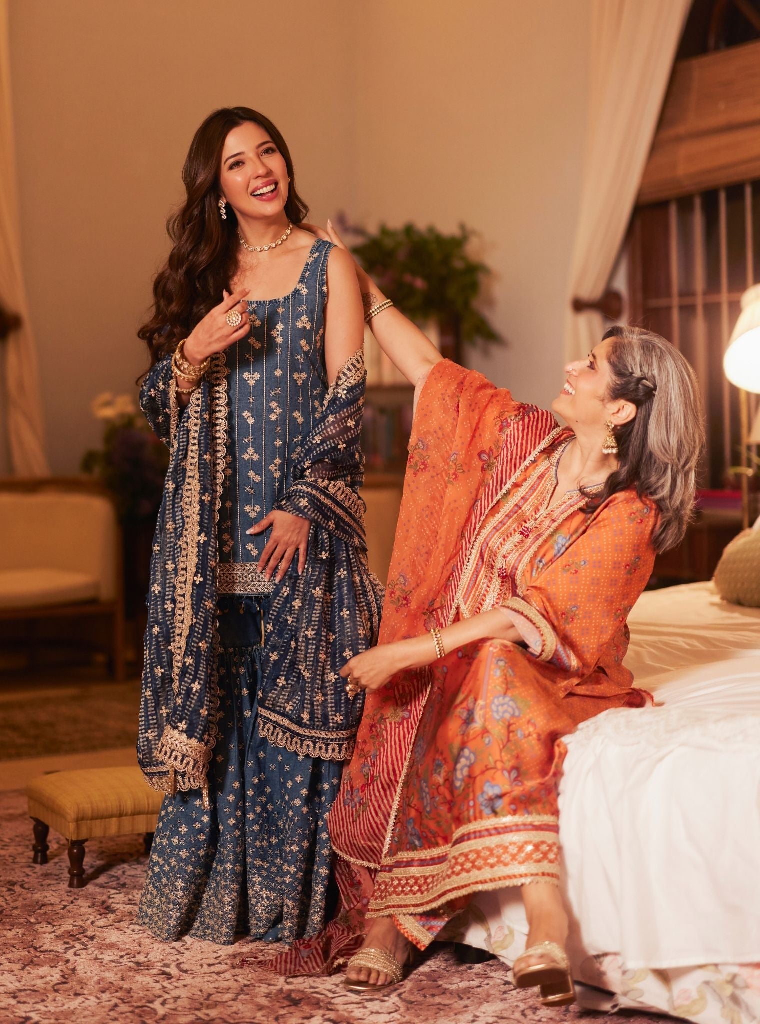 Akshi Cupro Satin Printed Orange Kurta Set