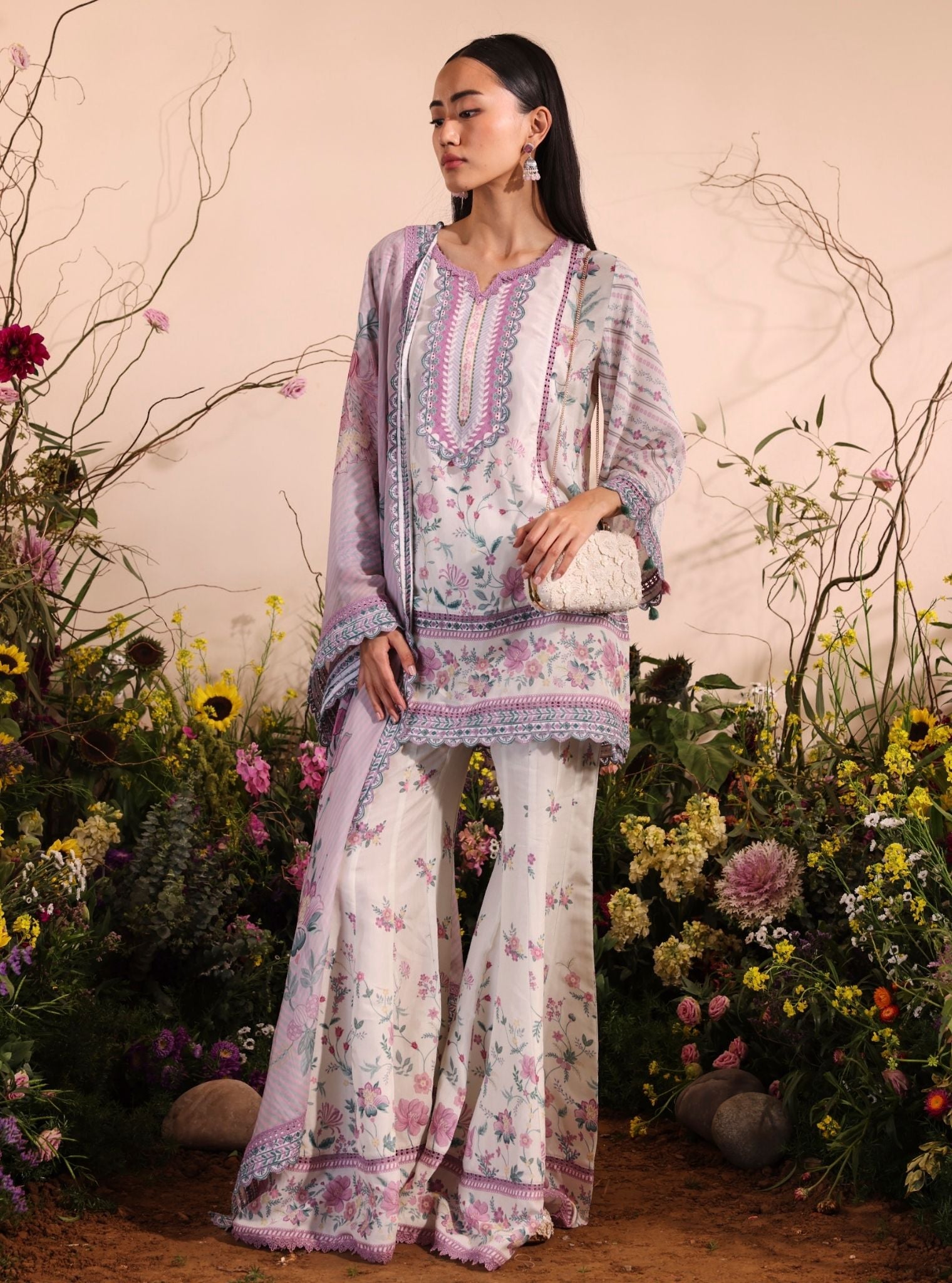 Mulmul Lawn Printed Miran White Kurta With Mulmul Lawn Printed Miran White Garara
