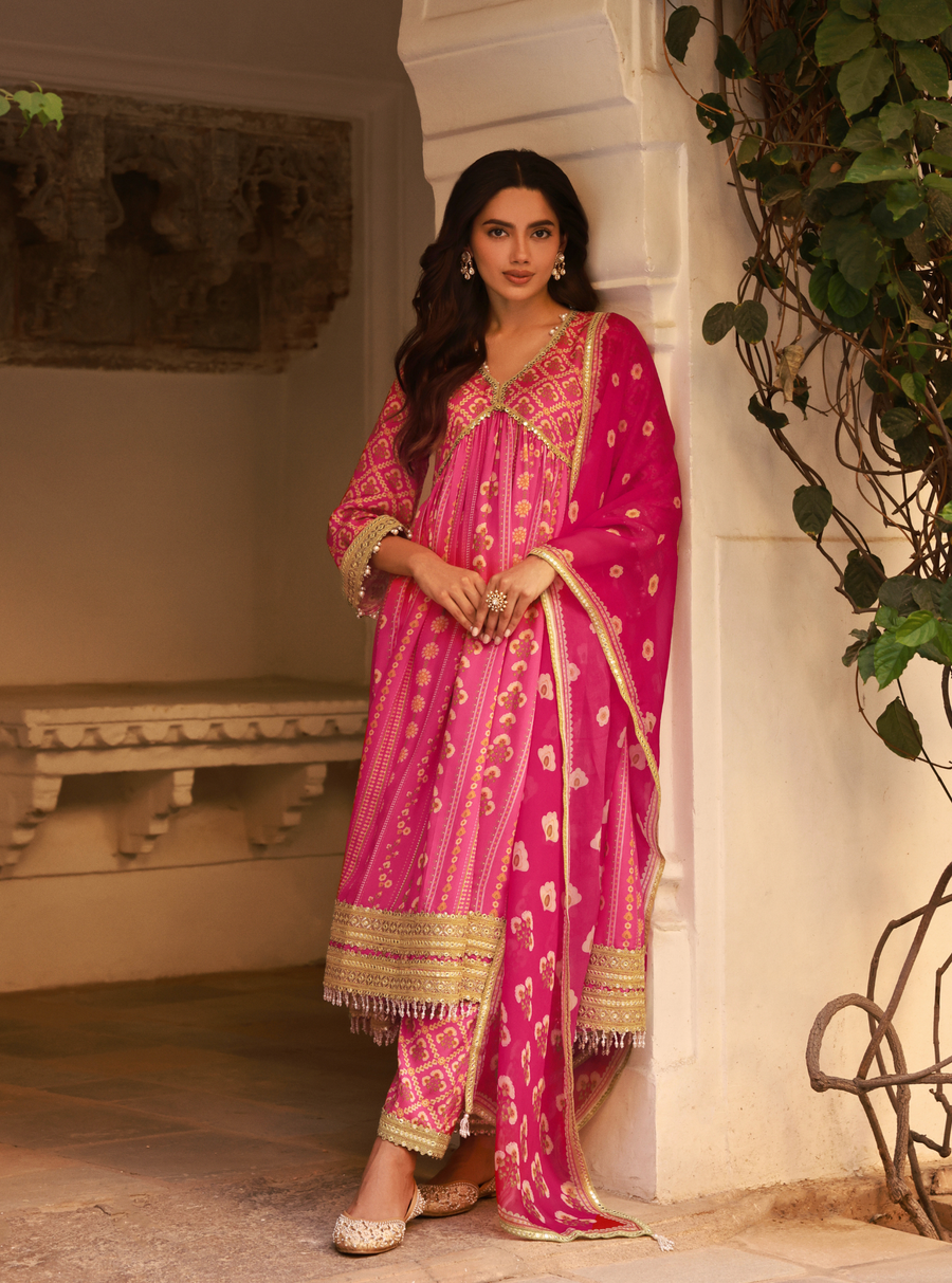 Mulmul Organza Printed Kuni Fuschia Dupatta