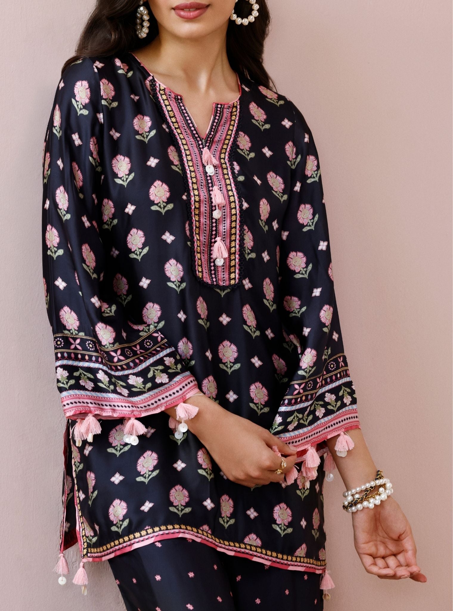 Vela Cupro Satin Printed Black Co-ord Set