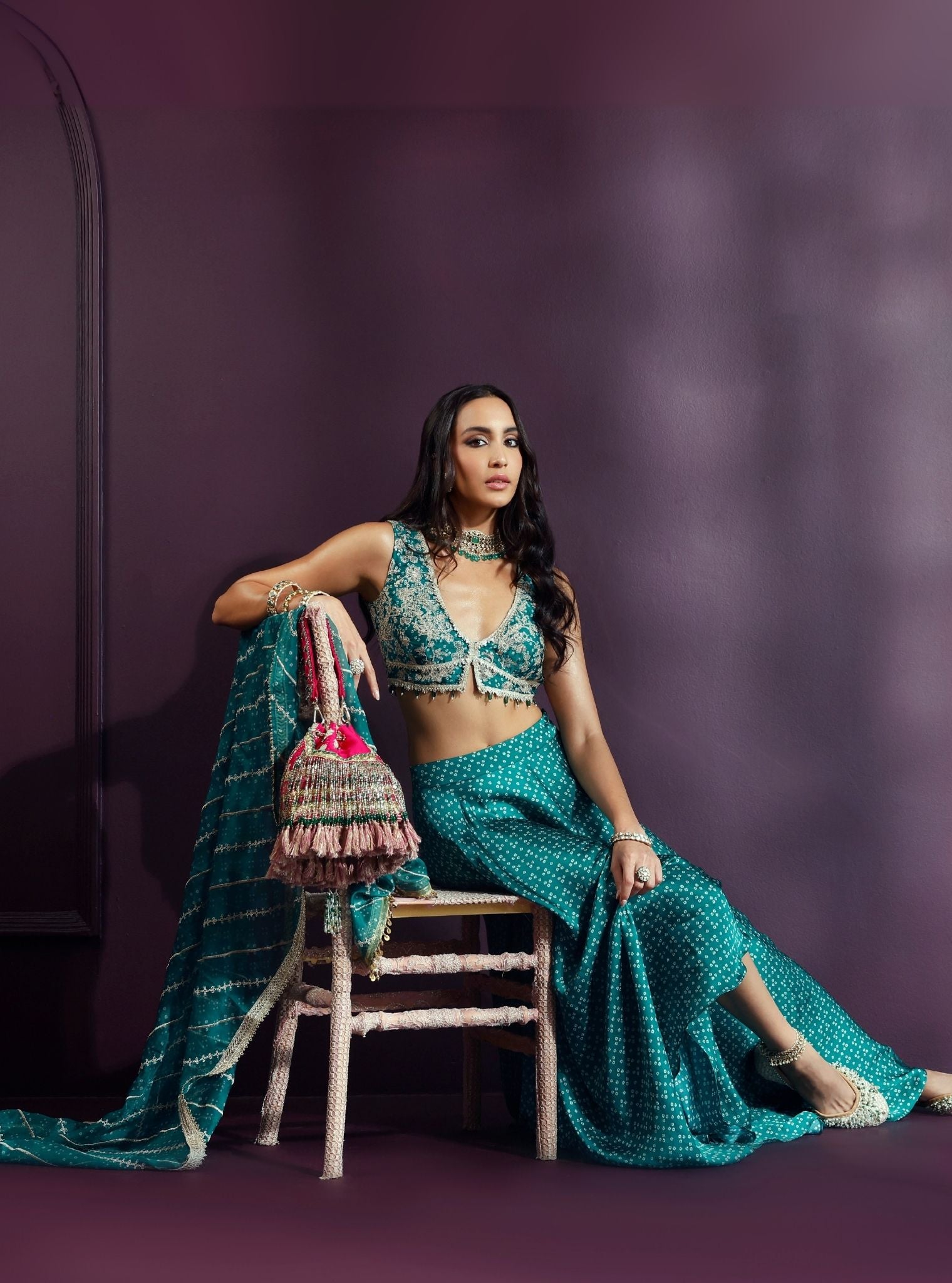 Kuni Cupro Satin Printed Emerald Green Skirt