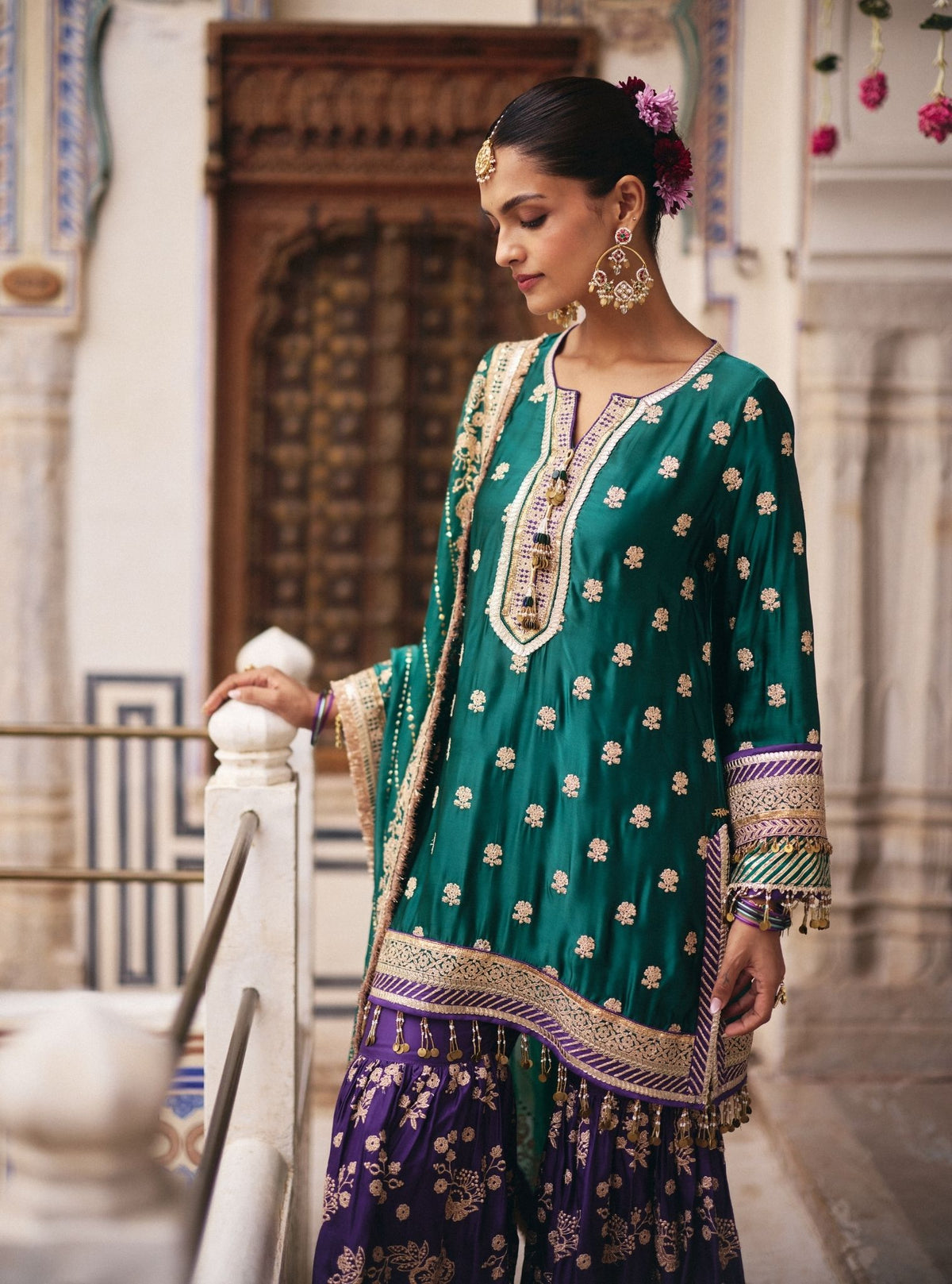 Surkhi Cupro Satin Emerald Green Kurta with Garara