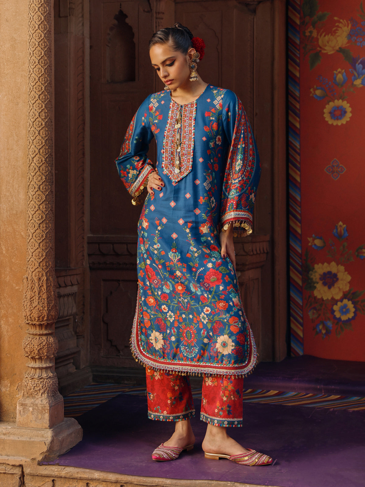 Sangi Pima Satin Printed Navy Long Kurta Set
