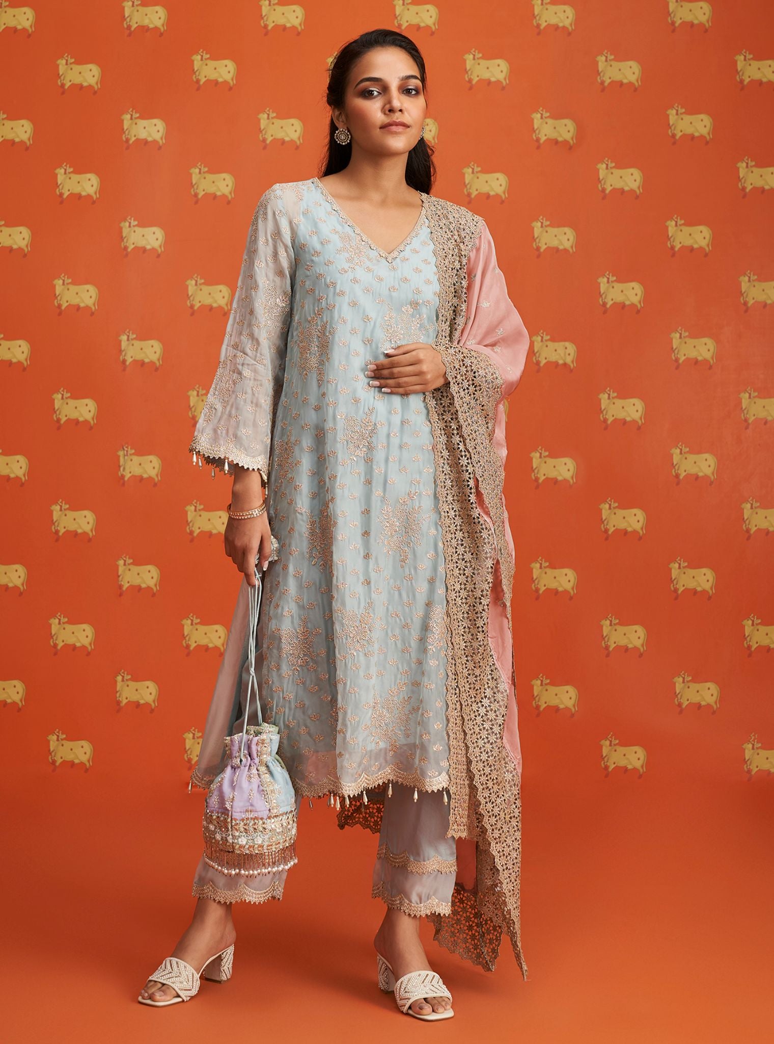 Mulmul Organza Suwanni Light Blue Kurta With Mulmul Organza Suwanni Light Blue Pant