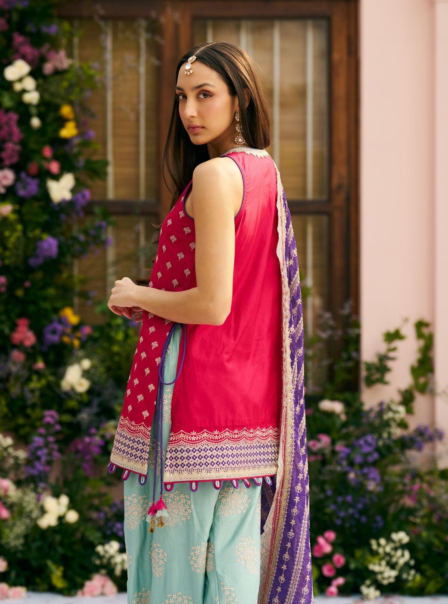 Sugandh Pima Satin Fuchsia Kurta Set