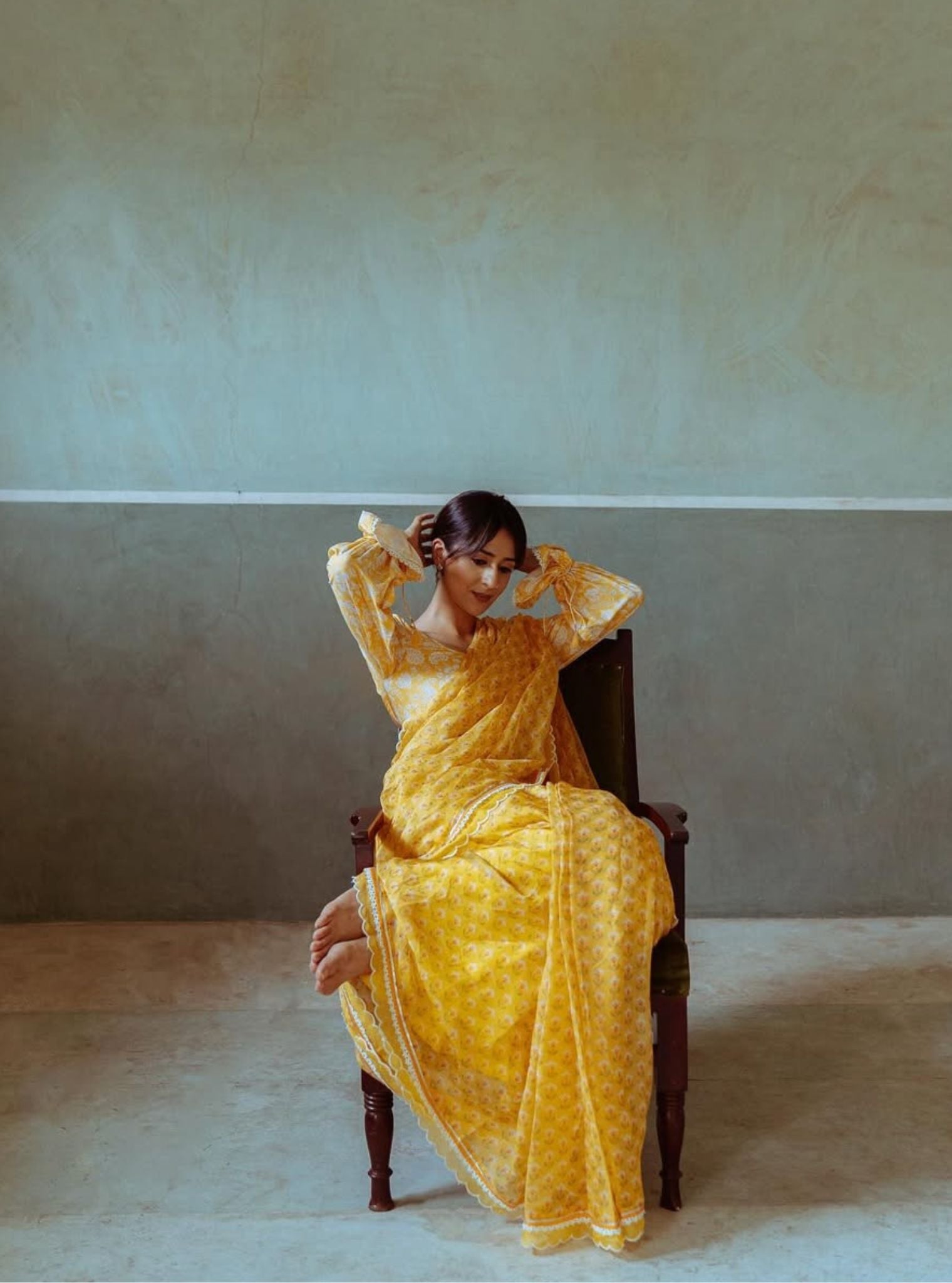 Clarimond Yellow Printed Organza Saree