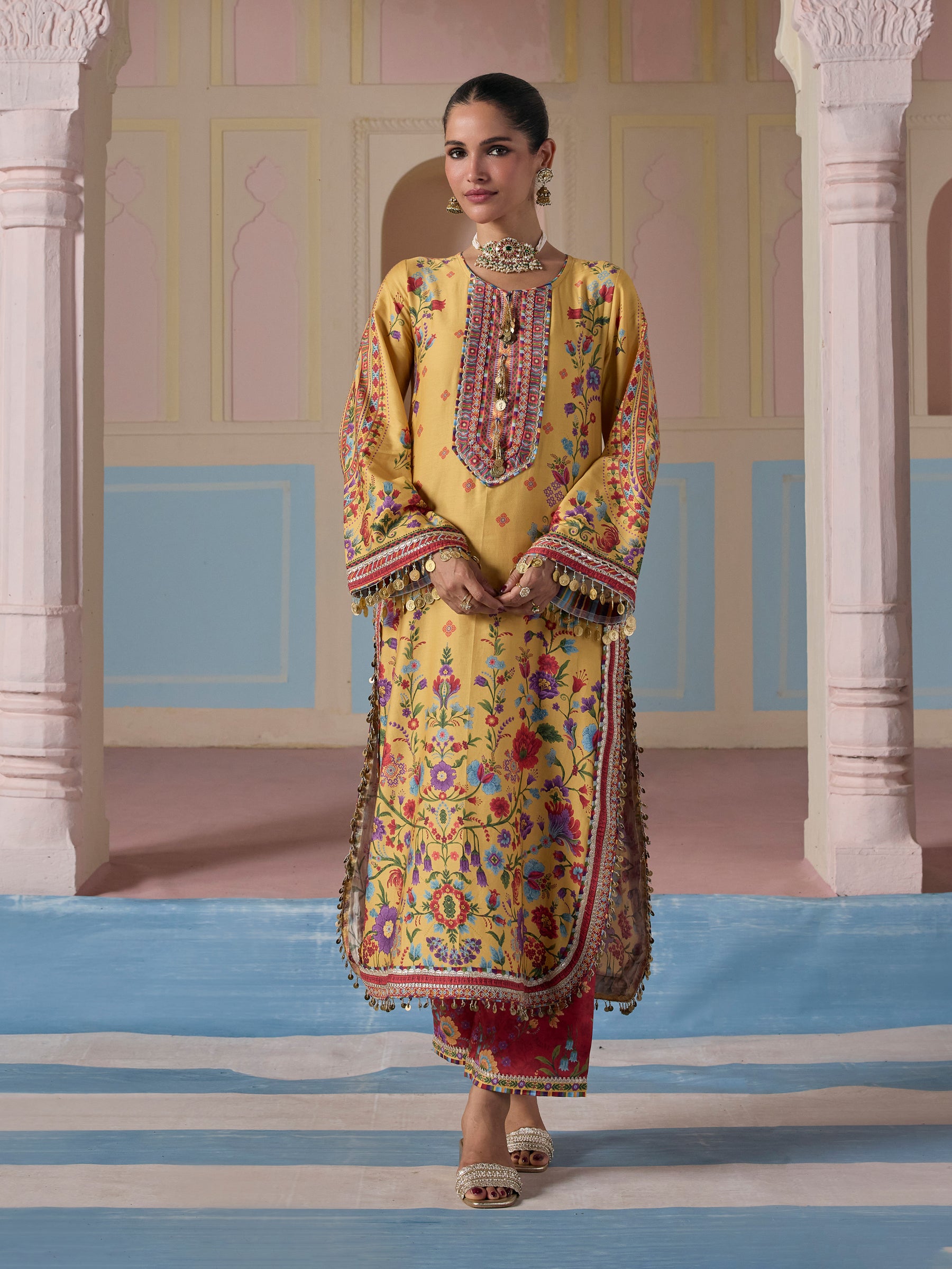 Sangi Pima Satin Printed Mustard Long Kurta Set