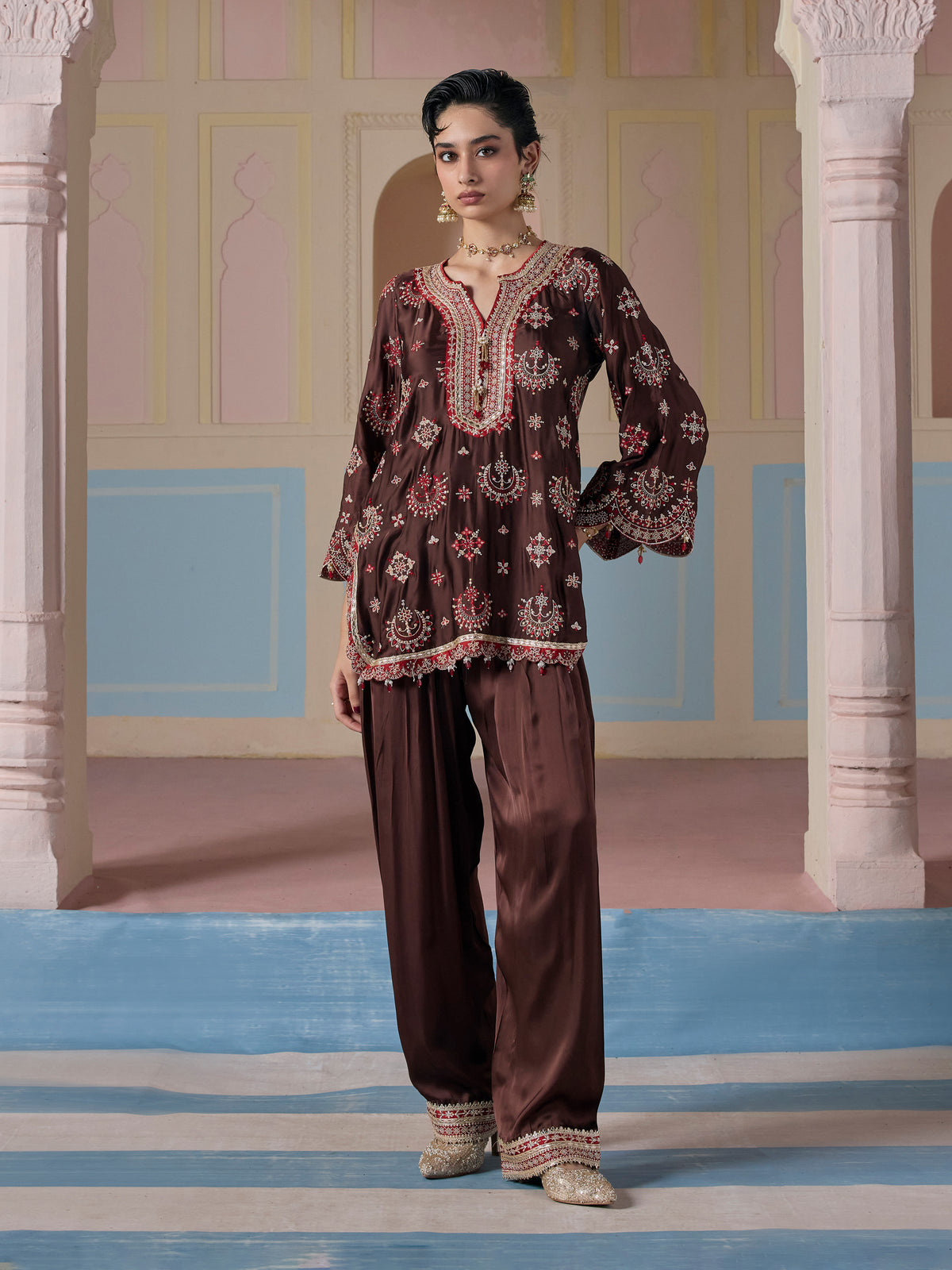 Jori Cupro Satin Brown Kurta With Farshi Salwar