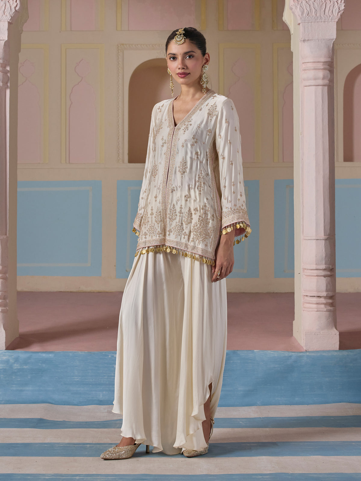 Laado Cupro Satin Off White Jacket with Draped Pants