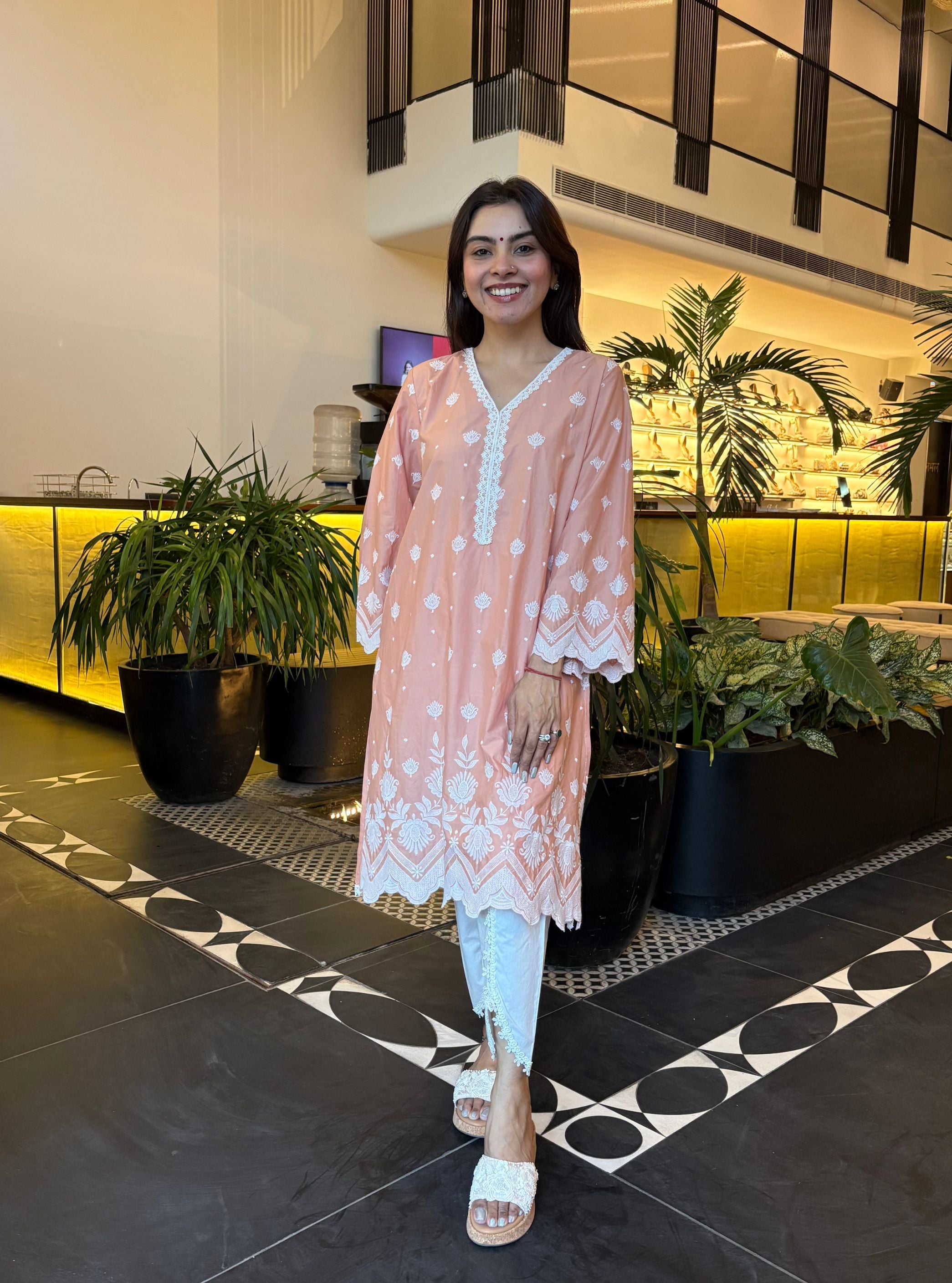 Garden Cress Cotton Peach Kurta With Aelira Cotton White Dhoti Pant