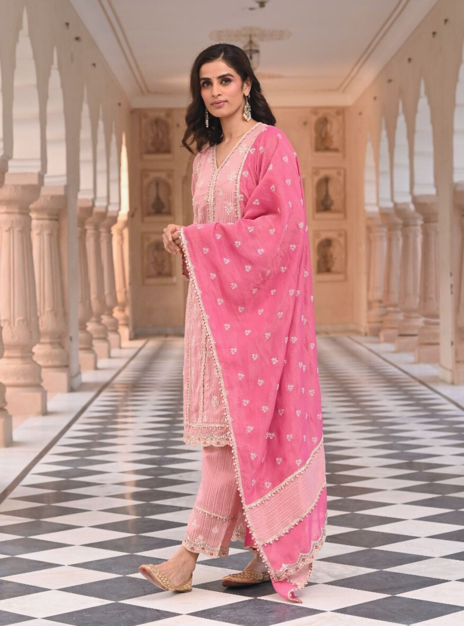 Mulmul Banarsi Gerua Pink Kurta with Mulmul Banarsi Gerua Pink Pant