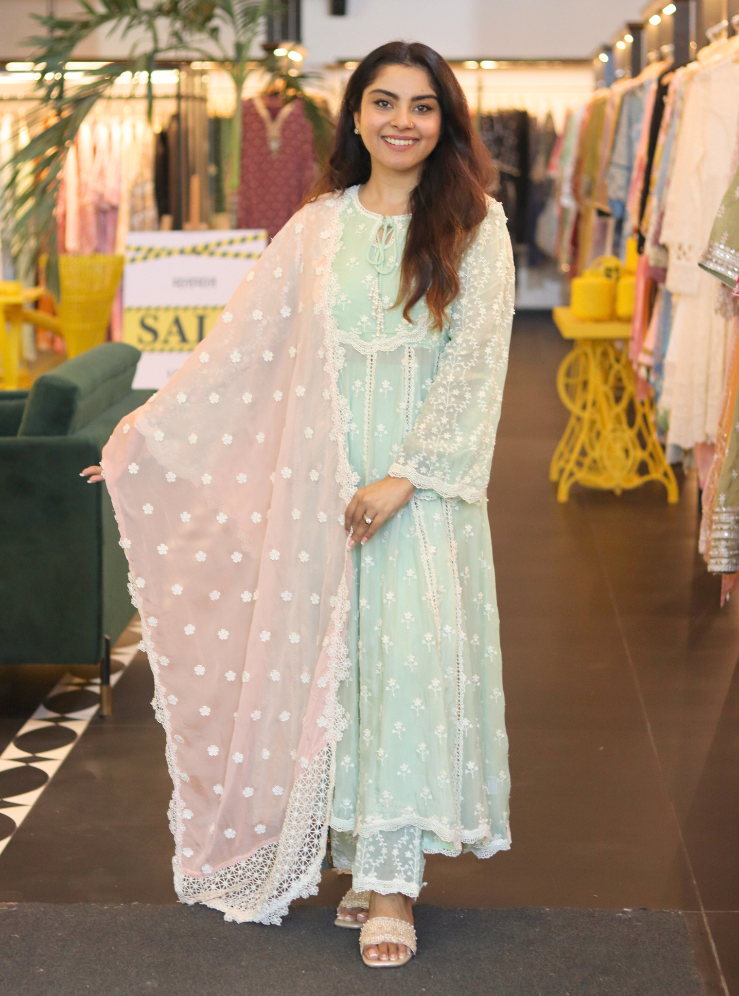 Mulmul Organza Sussex Green Anarkali Kurta With Cotton Sussex Green Pant