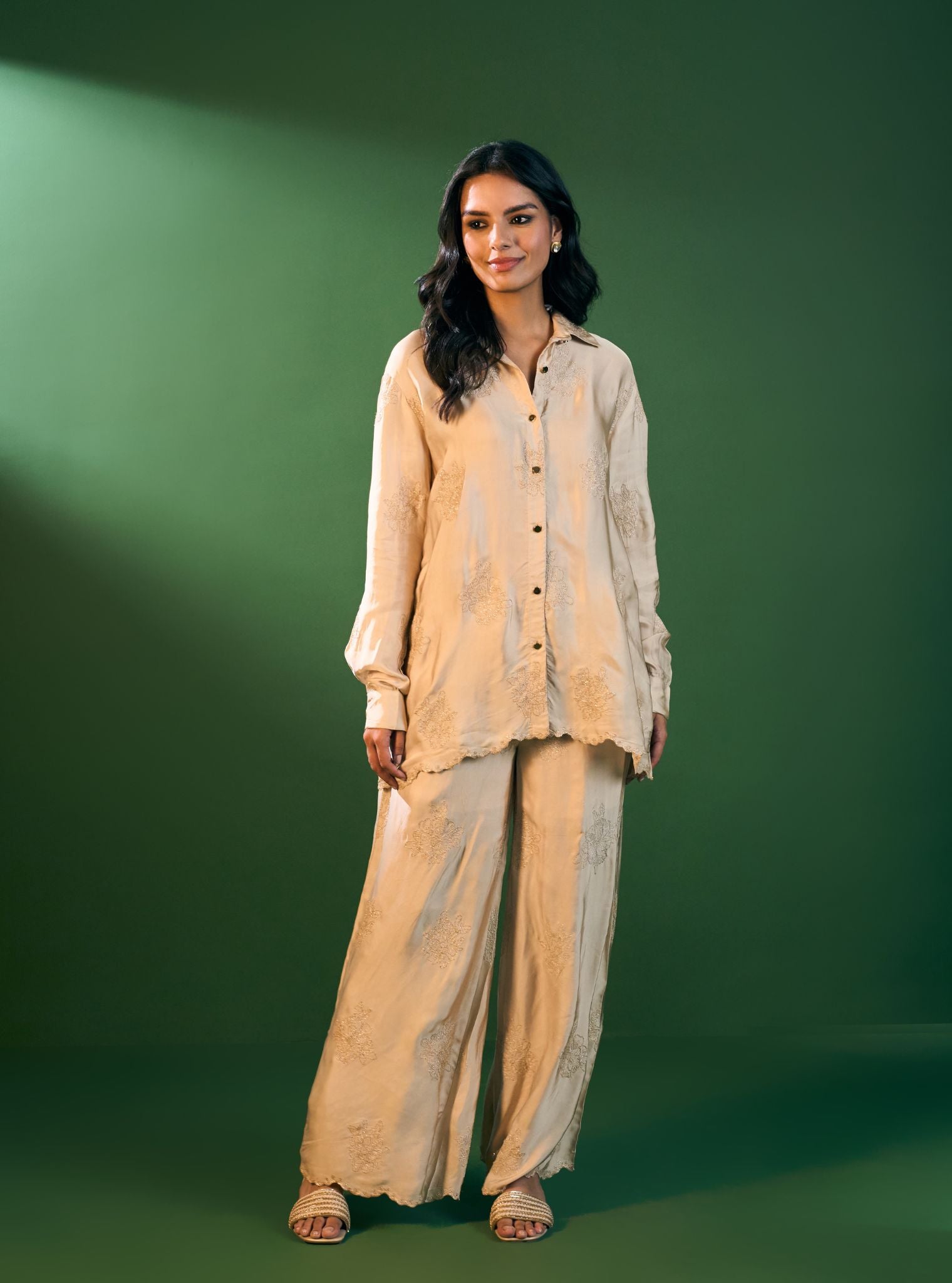 Mulmul Cupro Satin Mireille Beige Shirt With Mulmul Cupro Satin Mireille Beige Pant