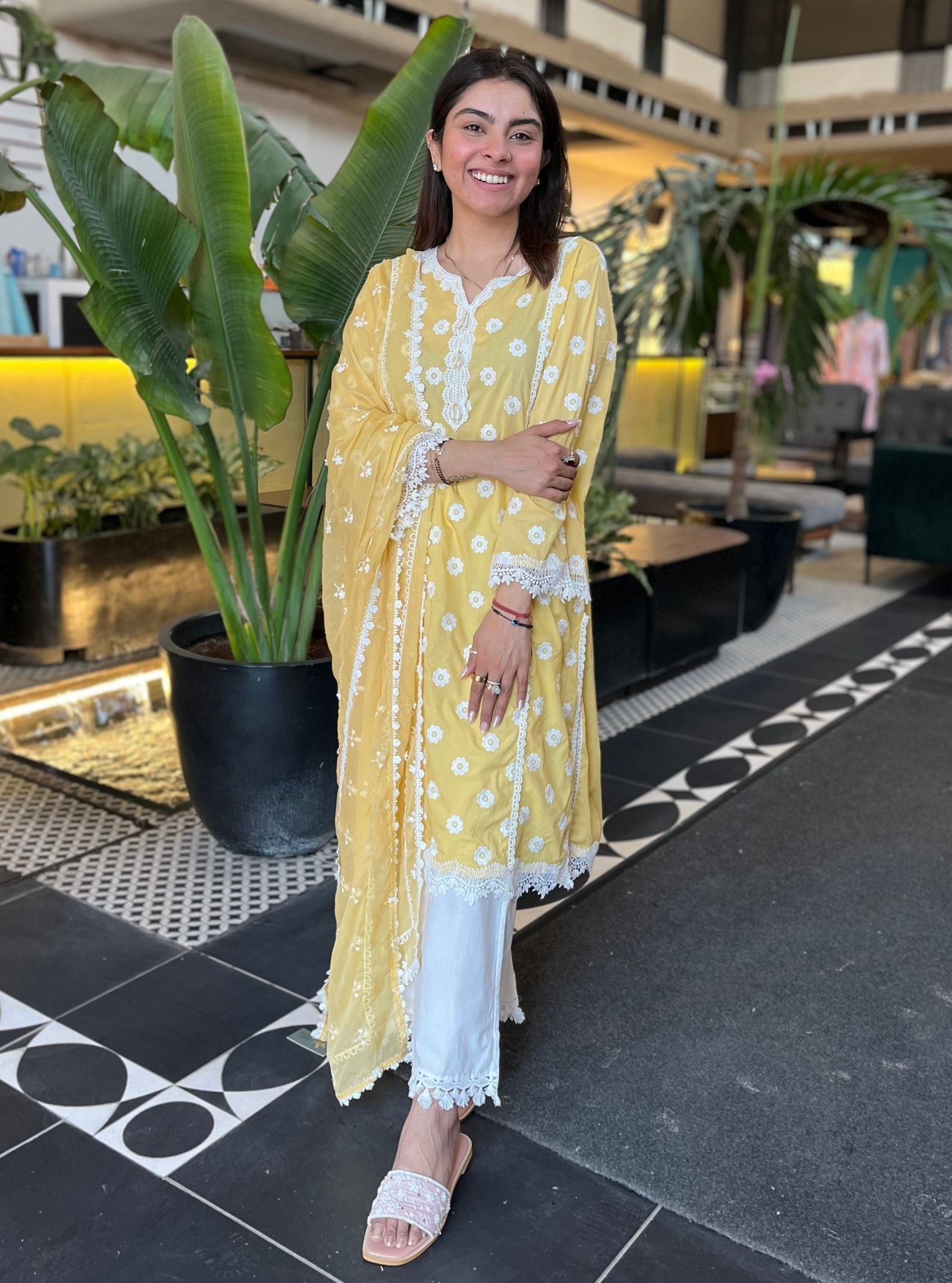 Mulmul Cotton Cathy Yellow Kurta With Mulmul Cotton Tassel Pyajama