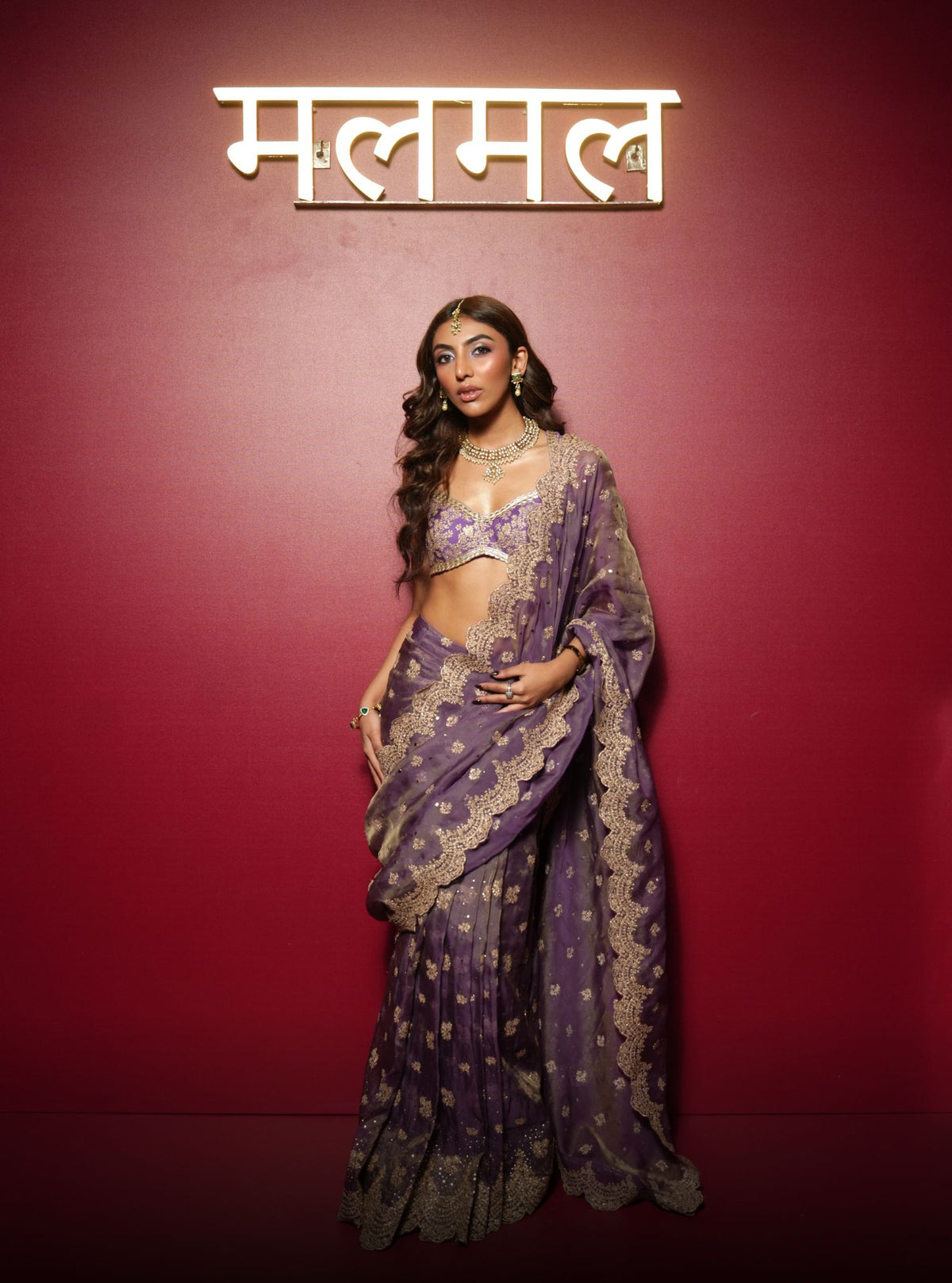 Adiva Lurex Organza Purple Pre-draped Saree
